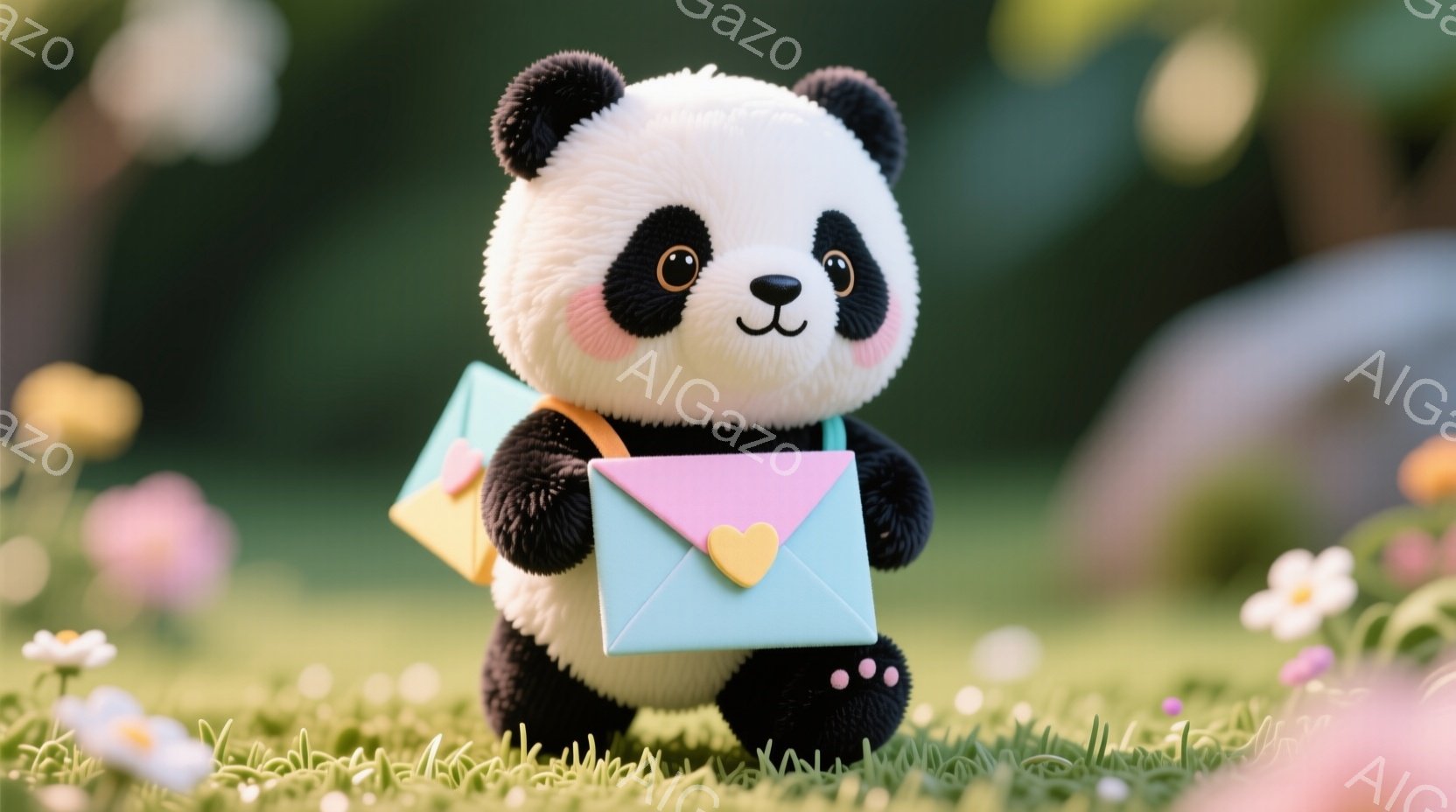 黒と白のパンダが、ピンクと水色の封筒を抱えて、緑の草むらの中に立っています。パンダは明るい表情で、可愛らしい印象を与えます。背景にはぼやけた花々や緑豊かな植物があり、春らしい穏やかな雰囲気を醸し出して - AI生成フリー素材