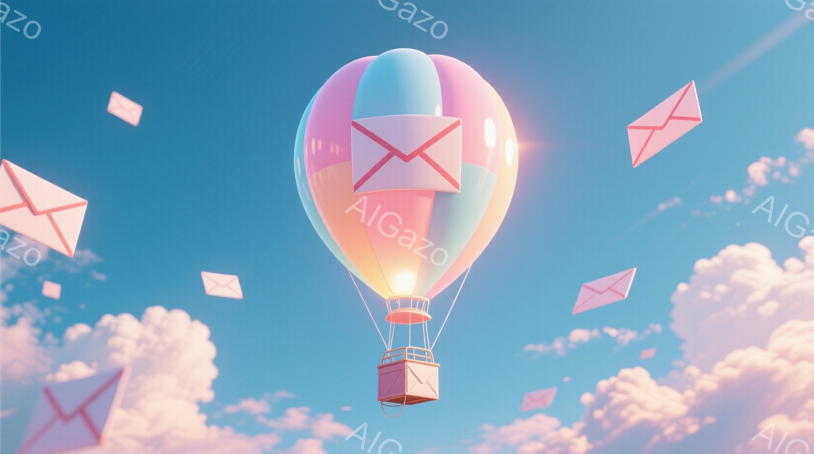 パステルカラーのホットエアバルーンが青空を舞っている様子が描かれています。バルーンはピンク、水色、薄紫の色合いで、いくつかの手紙のような形をした紙片が周囲を漂っています。背景には、柔らかいピンク色の雲が広がり、全体的に穏やかで夢幻的な雰囲気を醸し出しています。