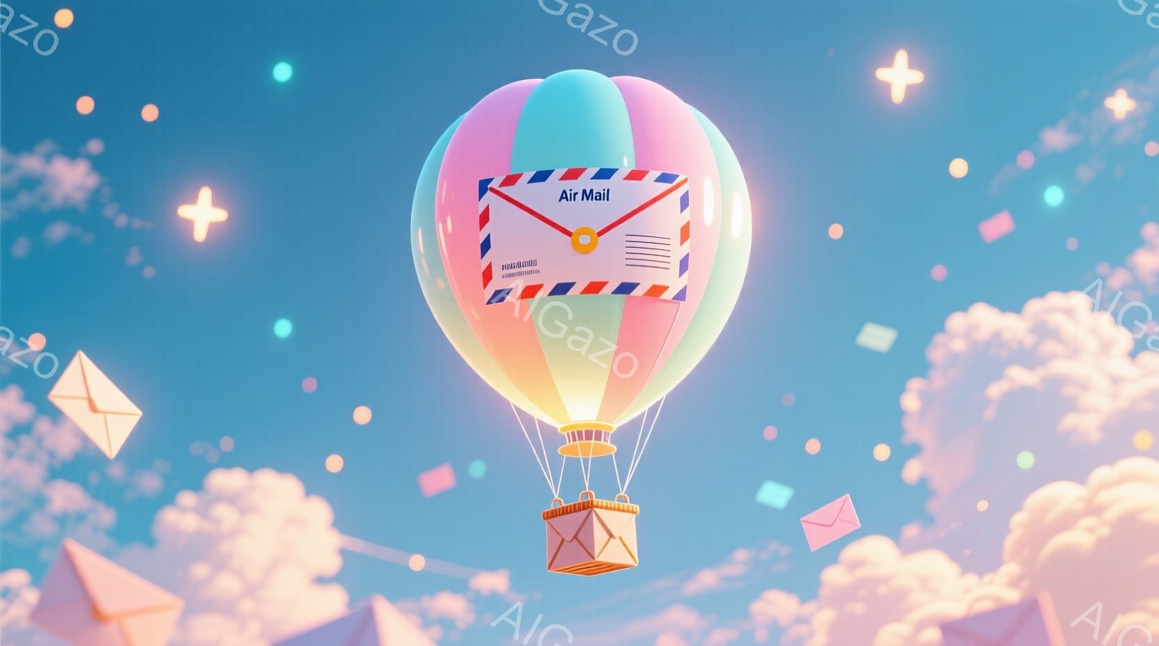 空には、ピンクとオレンジのストライプが入った、郵便物を模した熱気球が浮かんでいます。周囲には、紙飛行機や星のような光の粒子が散りばめられ、ふわふわとした雲が背景に広がっています。全体的に、夢見がちな、明るく希望に満ちた雰囲気です。