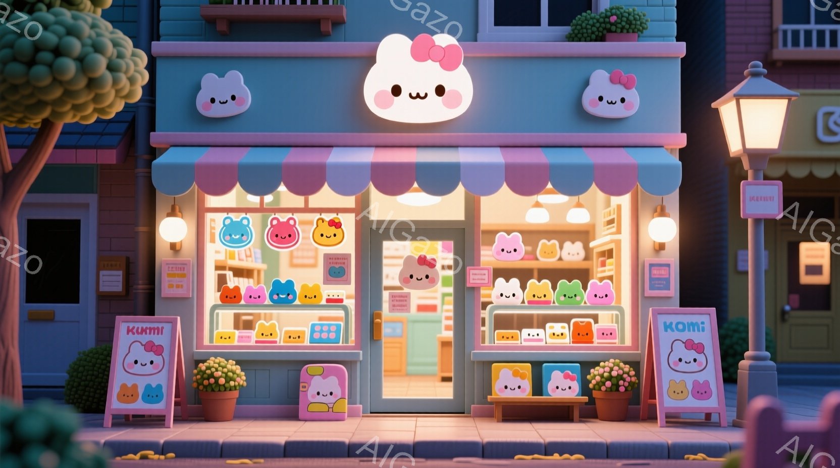 明るいピンクと水色の店構えが印象的な可愛らしいお店です。ショーウィンドウには、可愛らしい表情をしたピンク、緑、黄色のクマのぬいぐるみが整然と並べられています。背景には、クリーム色の建物や緑の木々が見え - AI生成フリー素材