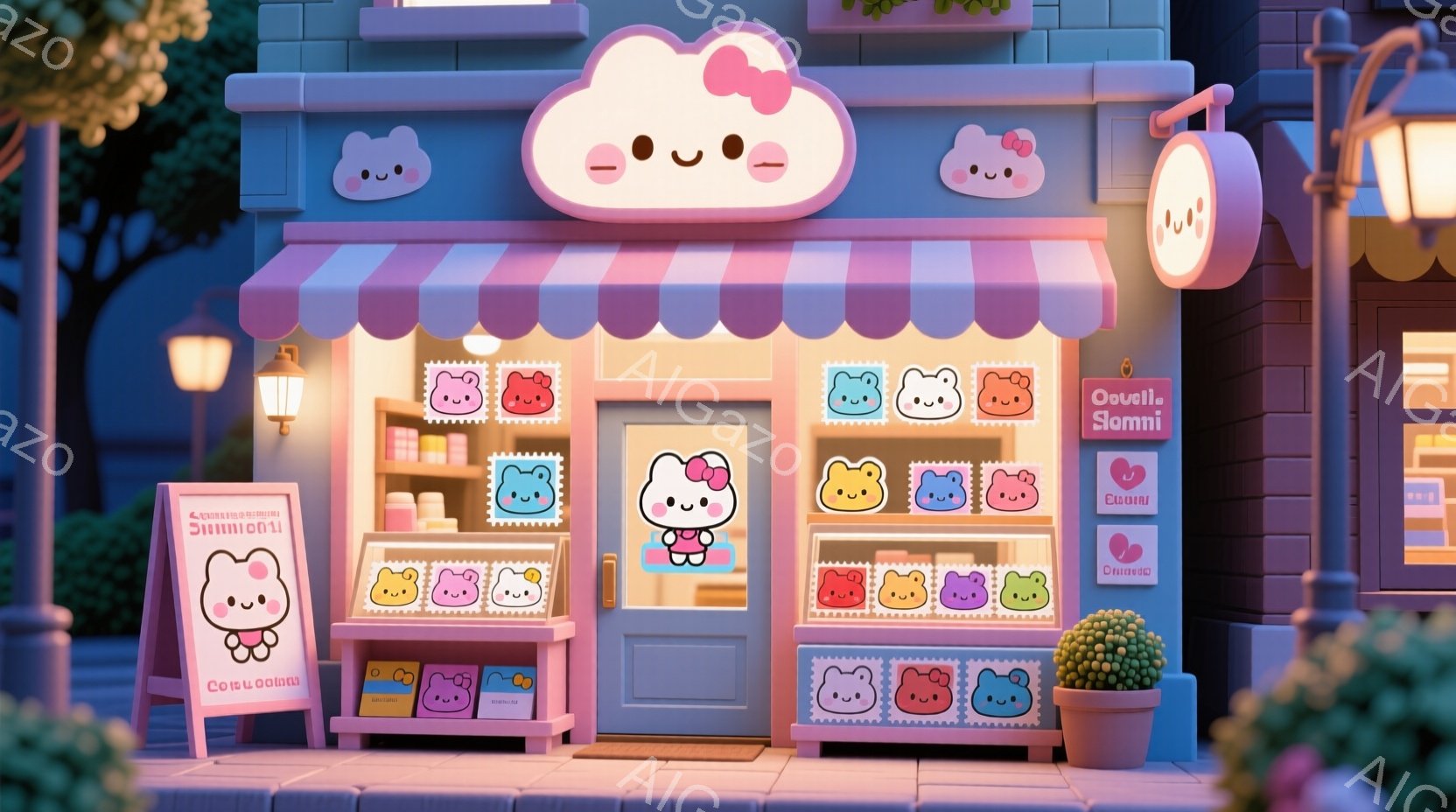 薄いピンク色の可愛らしいお店が並木道に面しています。ショーウィンドウには、かわいらしいキャラクターの入ったお菓子が並べられ、看板や装飾も全てピンクと白を基調としたパステルカラーで統一されています。背景 - AI生成フリー素材