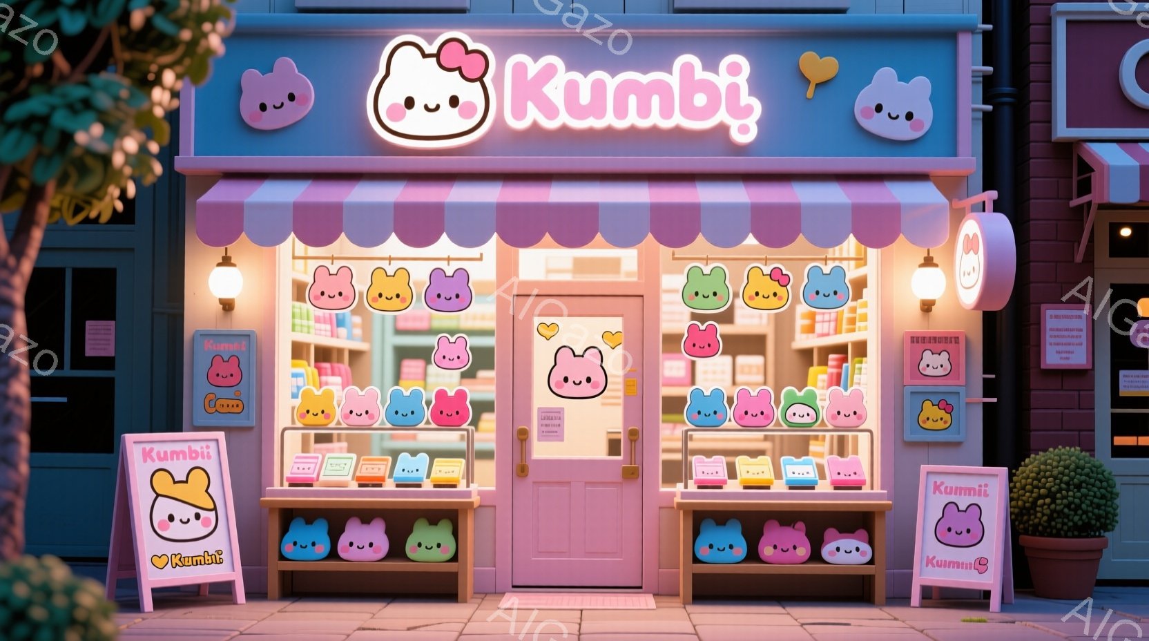 薄いピンク色の可愛らしい店構えで、「Kumbi」という名前が書かれています。ショーケースにはカラフルなクマの形をしたお菓子が並び、店の外にはクマのイラストが描かれた看板や植物が置かれています。全体的にパステルカラーで統一されており、夢可愛らしく、遊び心のある雰囲気です。