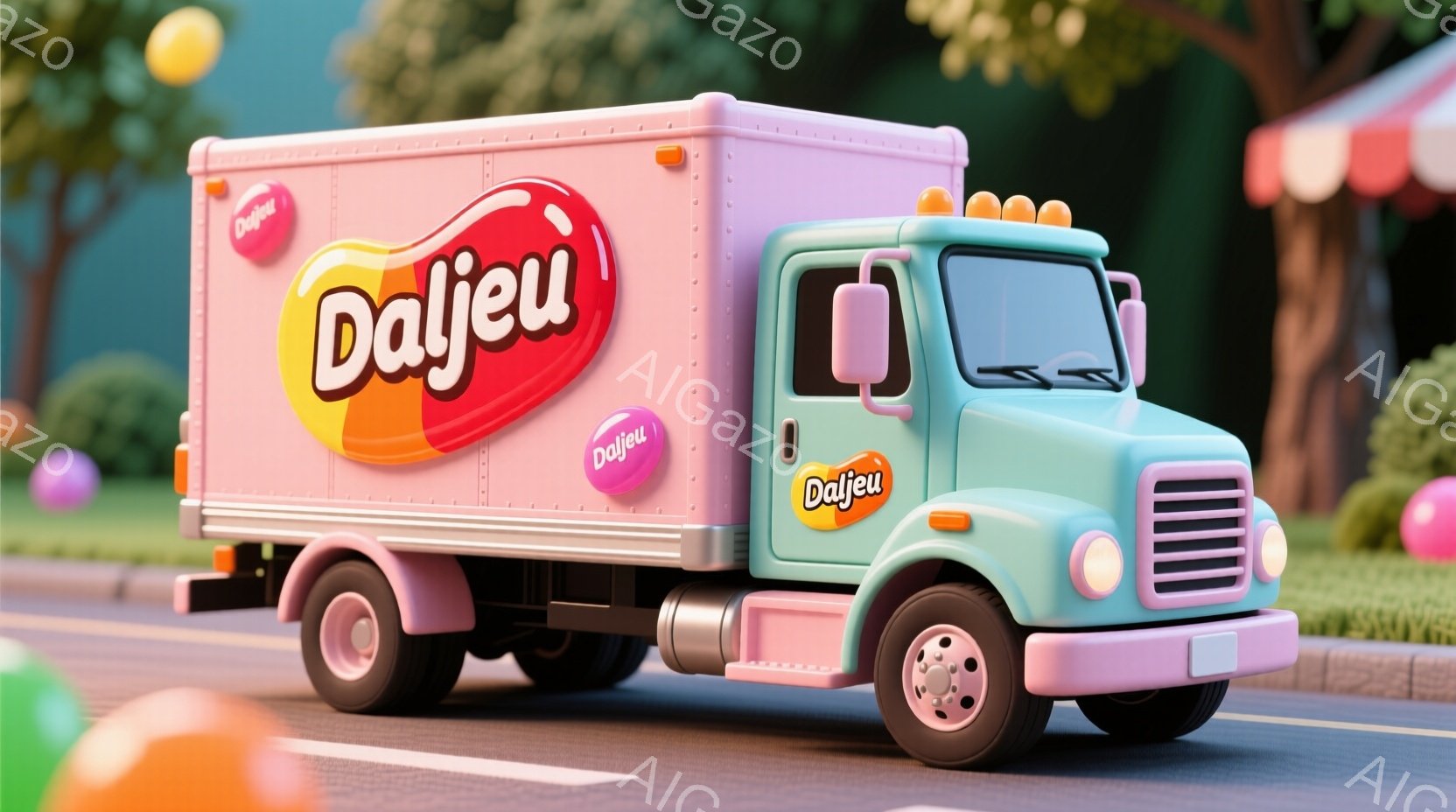 ピンク色の可愛らしいトラックがアスファルトの道路上に停車しています。トラックの側面に大きく「Dalje」という文字が描かれ、鮮やかな色彩が印象的です。背景には緑豊かな木々やカラフルな装飾が施された建物 - AI生成フリー素材