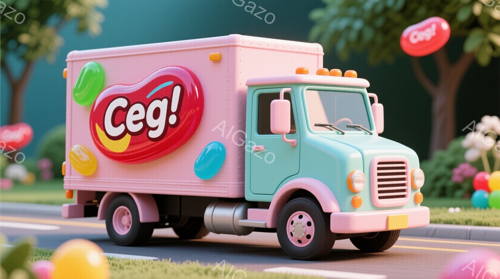 淡い水色のレトロなトラックが、アスファルトの道を進んでいます。トラックの側面に大きく「Ce」と書かれたロゴがあり、カラフルなキャンディがデザインされています。背景には緑豊かな芝生と、同じロゴが入った看板が立っており、全体的にポップで遊び心のある雰囲気です。