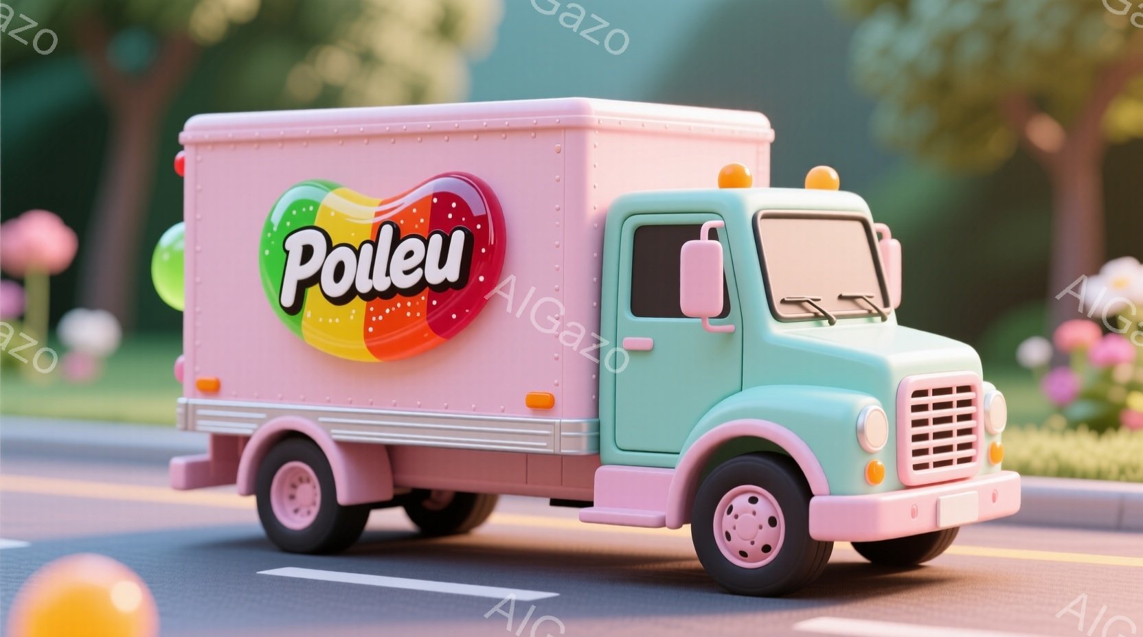 ピンク色の愛らしいトラックが、明るいアスファルトの道路を走っています。トラックの側面に「Poleu」というカラフルなロゴが描かれており、全体的にパステルカラーで柔らかい印象を与えます。背景には、オレン - AI生成フリー素材