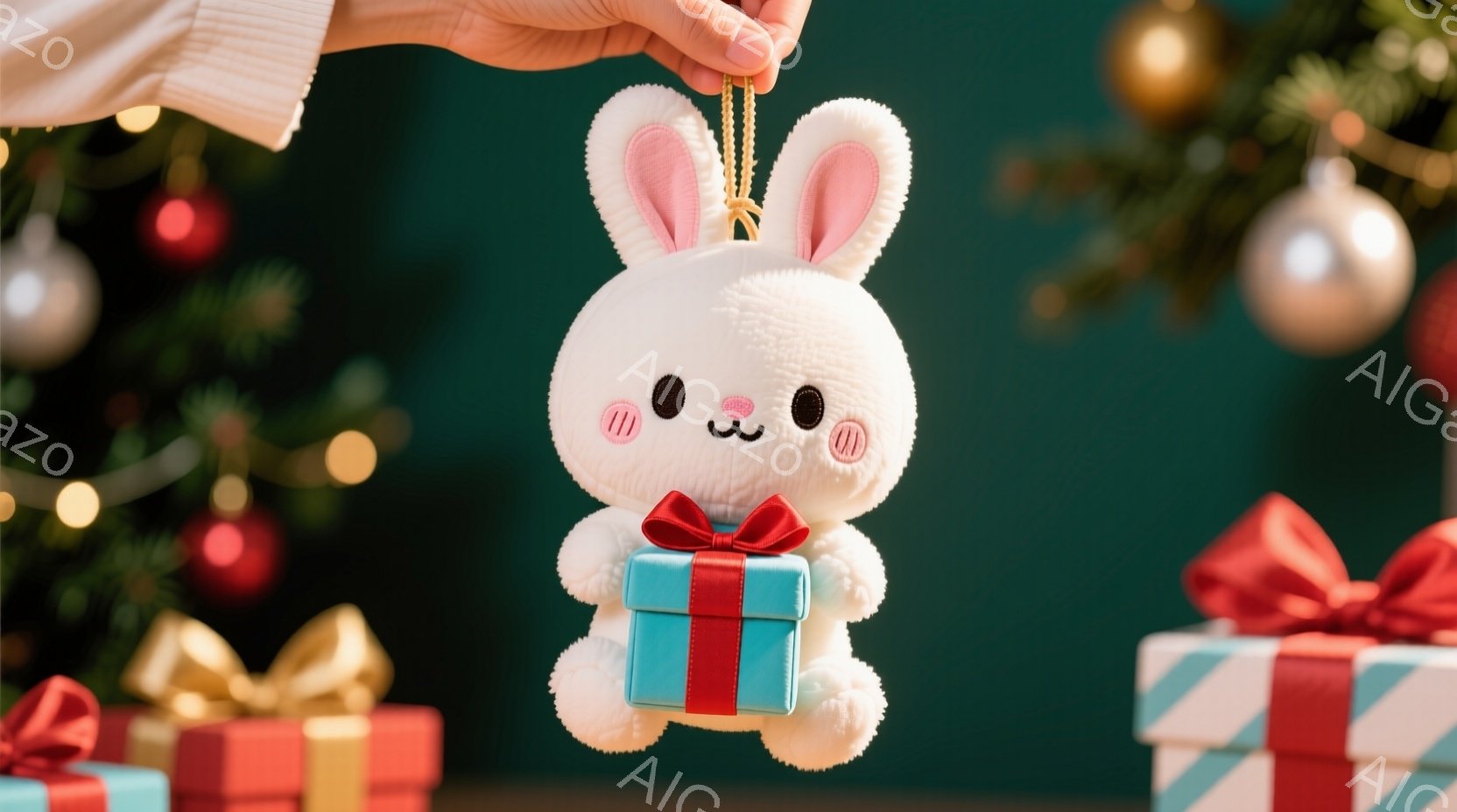 白いふわふわのウサギのぬいぐるみが、赤いリボンがついた小さな青いギフトボックスを抱えています。背景には、緑色のクリスマスツリーと、リボンで飾られたさまざまなギフトボックスが並んでいます。全体的に暖かく - AI生成フリー素材