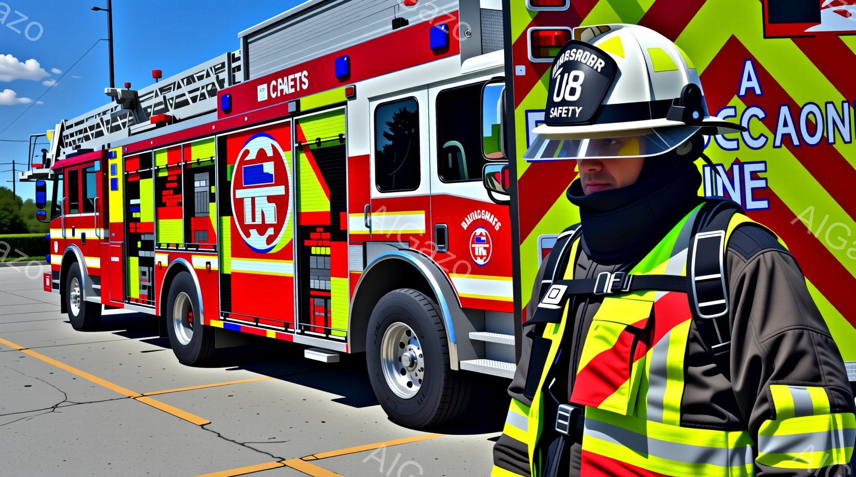 鮮やかな赤色の消防車が道路脇に停車しており、その前に消防士が立っている。消防士はヘルメット、黄色の反射ベスト、防護服を着用し、真剣な表情で正面を見据えている。背景には青空と緑豊かな木々が見え、晴天の下での活動を暗示している。