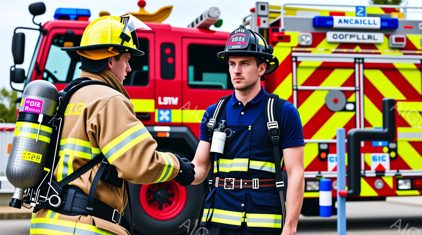 二人の消防士が赤い消防車を背景に立っている。女性消防士はオレンジ色の防護服とヘルメットを着用し、背中に酸素ボンベを背負っている。男性消防士は濃紺の作業服とヘルメットを着用し、やや厳しい表情で正面を見据えている。