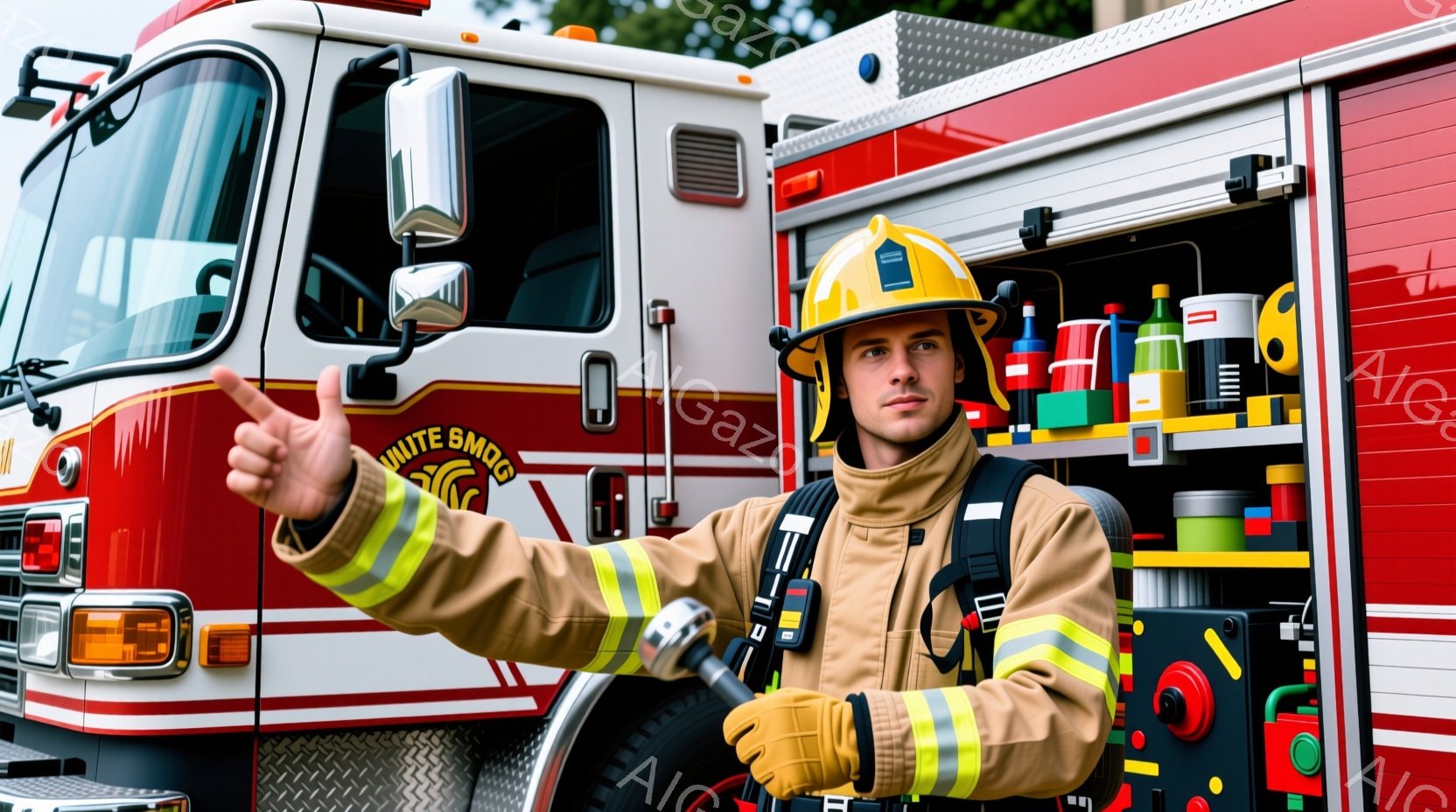 消防士が赤い消防車を背景に立っている。彼は消防服とヘルメットを着用し、片手を上げて親指を立てており、自信に満ちた表情をしている。背景には緑豊かな木々が見え、晴れた日の活動的な雰囲気が漂っている。