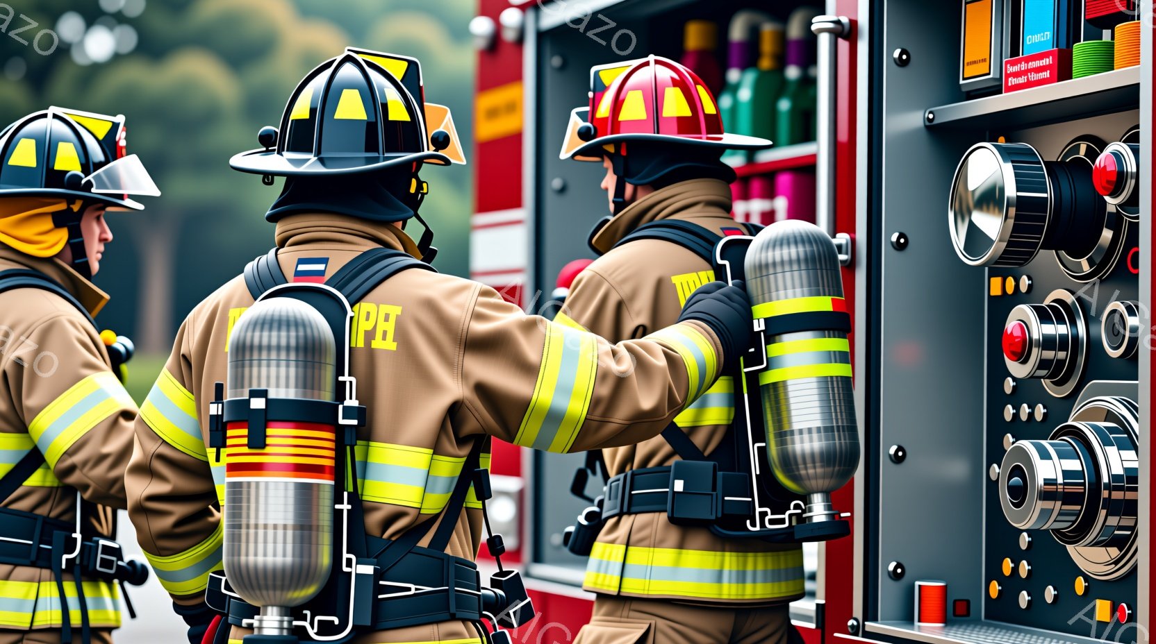 消防士たちが防火服とヘルメットを着用し、背中には酸素ボンベを背負っている。彼らは互いに並んで立ち、何か特定の任務や作業に取り組んでいる様子が窺える。背景には、操作パネルが設置された消防車の側面が見え、緊急時における活動準備が整っている雰囲気が漂っている。