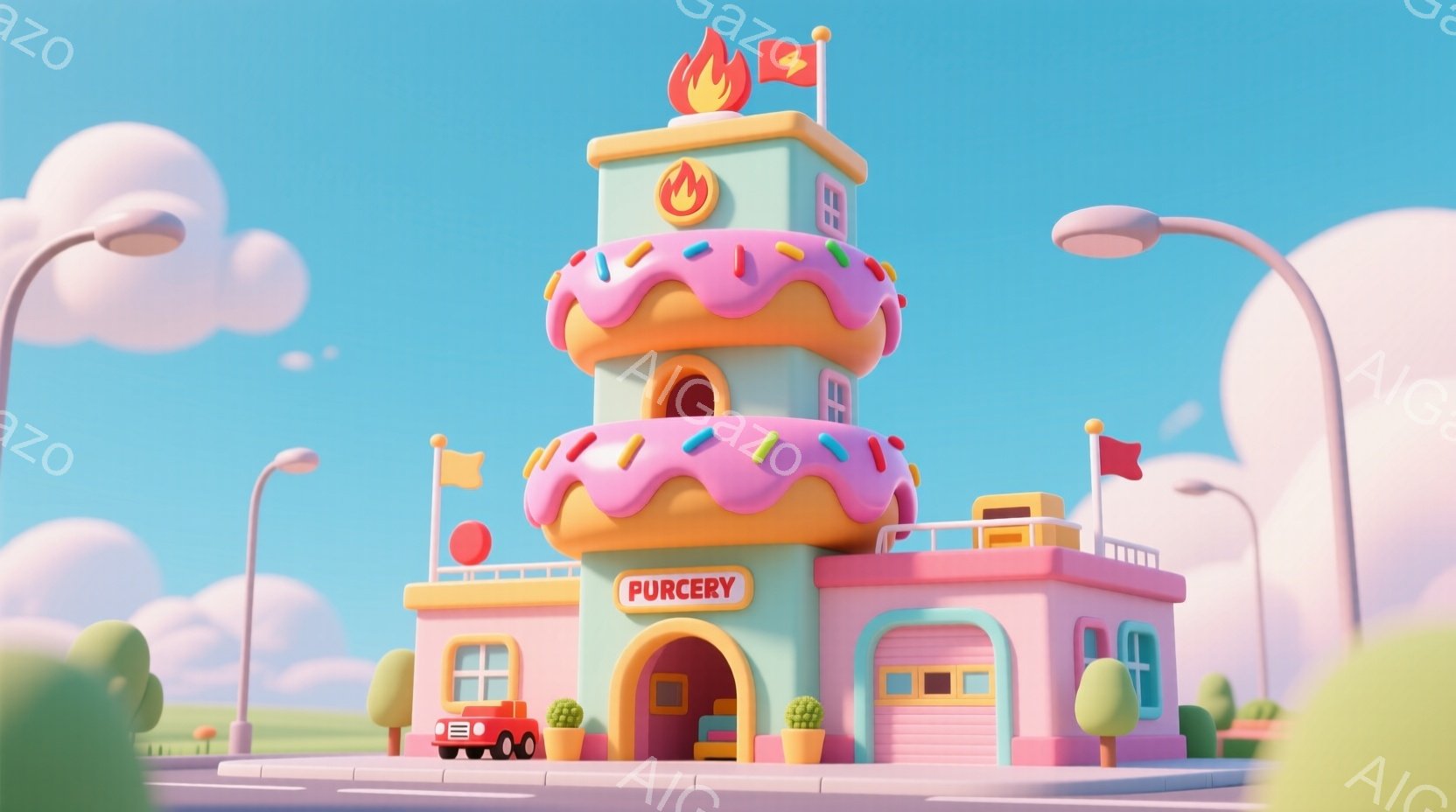 明るい空の下、ドーナツをモチーフにした可愛らしい建物が描かれています。建物はパステルカラーで統一されており、オレンジとピンクのドーナツ部分が特徴的です。緑の芝生と雲が背景にあり、全体的に夢のような、楽 - AI生成フリー素材