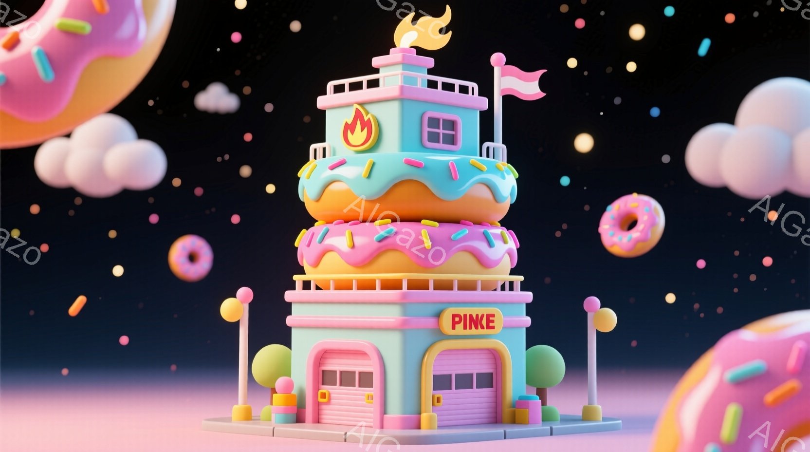 ドーナツをモチーフにした消防署の建物が特徴的です。建物はピンク、水色、クリーム色を基調とし、まるでケーキのように可愛らしい印象を与えます。背景は暗い青色で、ドーナツ型の光るオブジェクトが浮かび、夢のような雰囲気を醸し出しています。