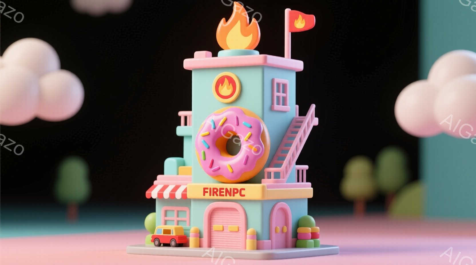 ピンクと水色のカラフルな消防署を描いています。屋上にはドーナツが飾られ、消防車が署の入り口に駐車されています。背景には、パステルカラーの雲や木々が見られ、全体的にポップで遊び心のある雰囲気を醸し出して - AI生成フリー素材