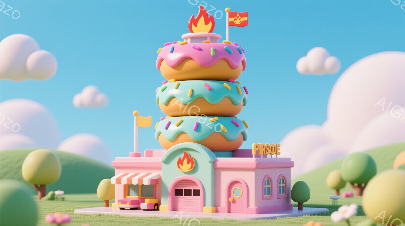 明るいピンク色の消防署が、ドーナツの塔を屋根の代わりに持っています。背景には緑の丘と、ふわふわした雲が広がり、全体的に柔らかく、おとぎ話のような雰囲気です。消防署の屋上には、炎の形をしたオーナメントが - AI生成フリー素材