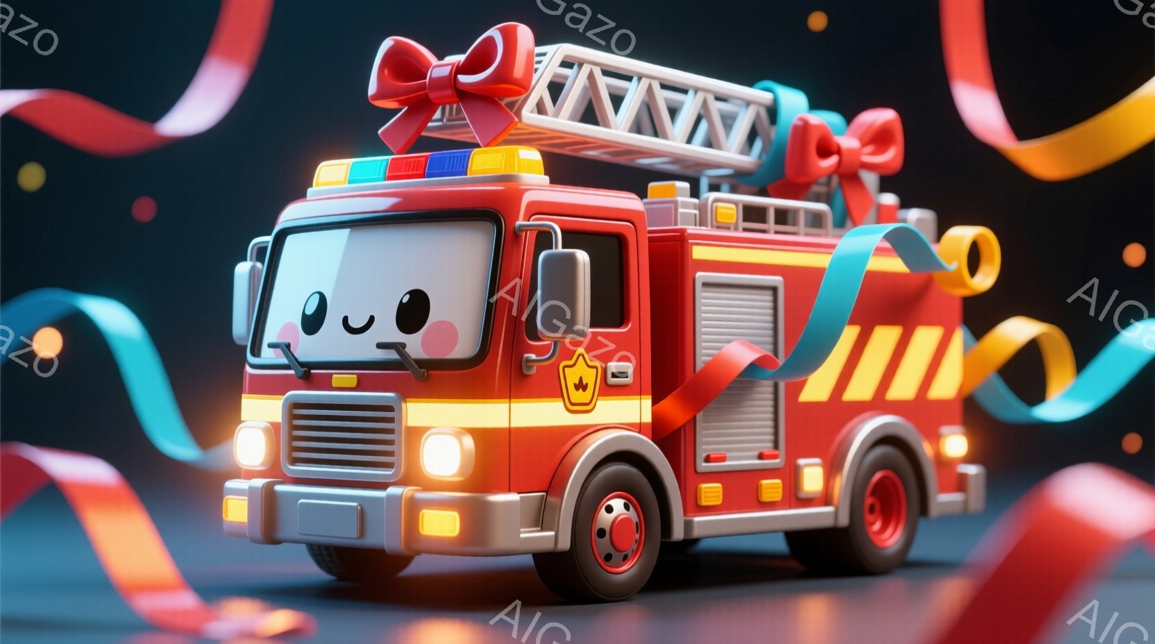 真っ赤な消防車が、丸みを帯びた可愛らしいデザインで描かれています。フロント部分は愛らしい表情をしており、まるで生きているかのような印象を与えます。背景には、赤や青のカラフルなリボンが渦巻いており、お祝いムードを盛り上げています。