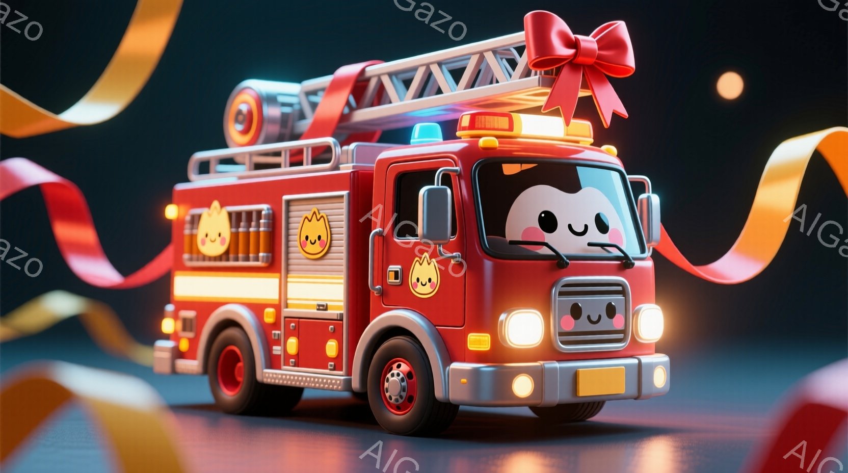 真っ赤な消防車が、大きな目と愛らしい笑顔で描かれています。車両の上部には赤いリボンが結ばれており、まるでプレゼントのようです。背景は深紅と金色のリボンで彩られ、光沢のある床に反射し、お祝いムードを盛り上げています。