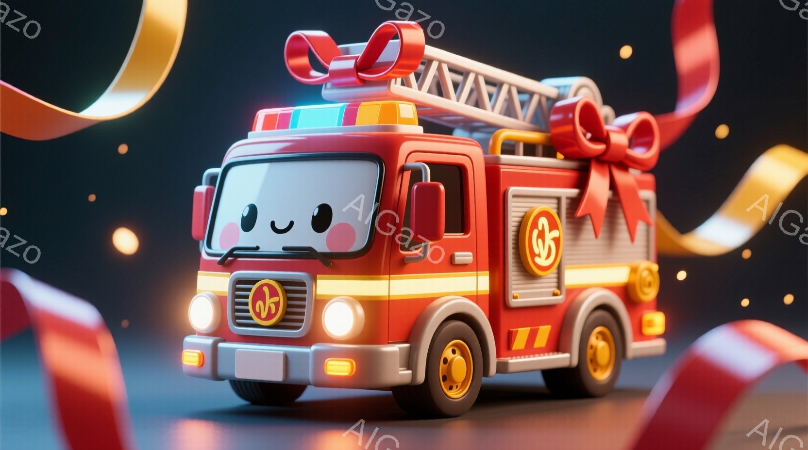 真っ赤な消防車が、まるでプレゼントのようにリボンで飾られています。可愛らしい表情を持ち、丸みを帯びたフォルムが特徴的で、背景には明るい黄色のリボンが流れ、お祝いムードを盛り上げています。全体的に明るく、遊び心あふれる雰囲気です。