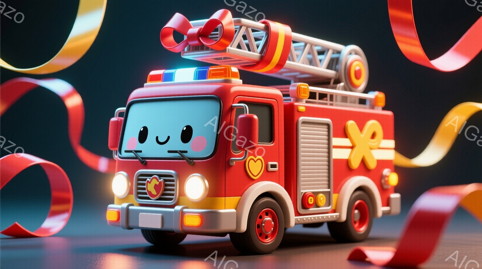 真っ赤な消防車が、つぶらな瞳と笑顔でこちらを見つめています。車体には可愛らしいハートのマークがいくつか描かれており、全体的に温かみのある印象です。背景には、赤とオレンジの曲がったリボンが配置され、お祝いのような雰囲気を演出しています。