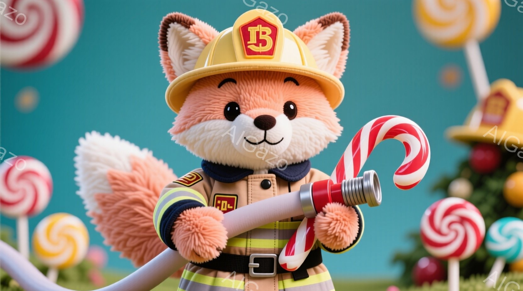 明るい緑色の背景に、消防士の制服を着た愛らしいキツネが立っています。キツネは黄色いヘルメットをかぶり、赤いホースを抱え、口元には微笑みが浮かんでいます。背景には様々な色や形のキャンディーが散りばめられており、全体的に明るく楽しい雰囲気です。