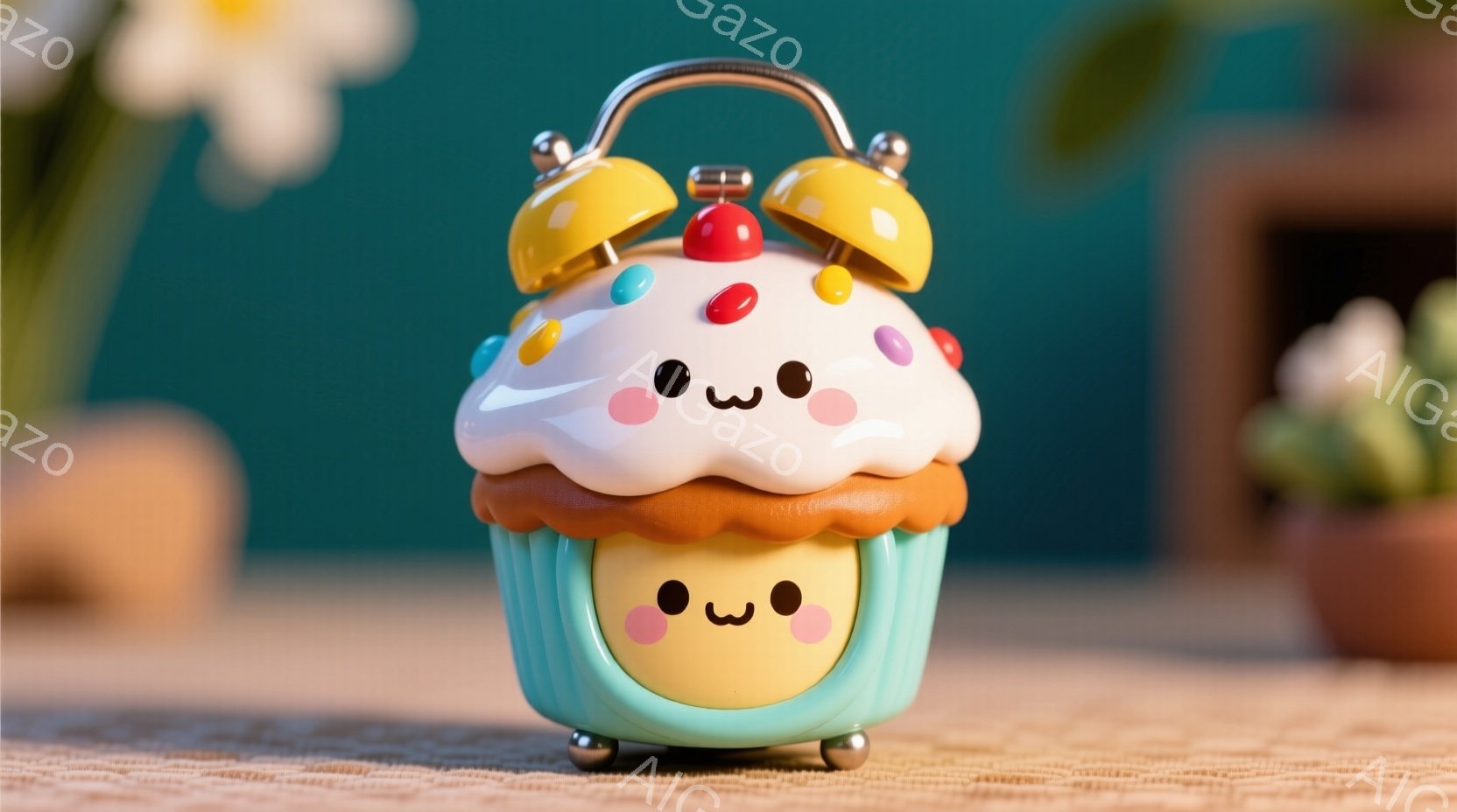 カップケーキを模した可愛らしい目覚まし時計が、明るいターコイズブルーの背景の前で静止している。クリーム部分にはカラフルなトッピングが施され、時計本体は黄色と茶色のグラデーションで、愛らしい表情を浮かべている。背景にはぼやけた植物と柔らかな照明が見られ、全体的に温かく、遊び心のある雰囲気を醸し出している。