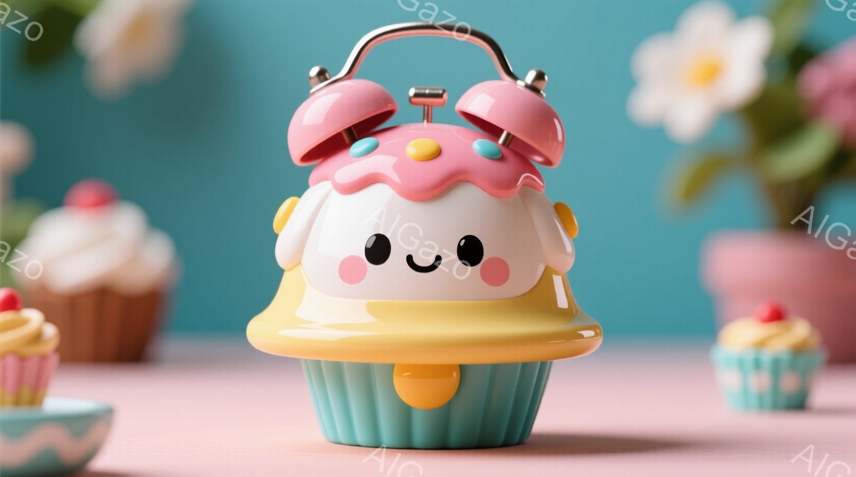 明るいピンクの背景に、カップケーキを模した目覚まし時計が中央に配置されています。時計本体はクリーム色で、フリル状のピンクの飾りがトップにあり、愛らしい表情をしています。周囲には、さらに小さなカップケーキが散りばめられ、全体的に甘くて楽しい雰囲気を醸し出しています。
