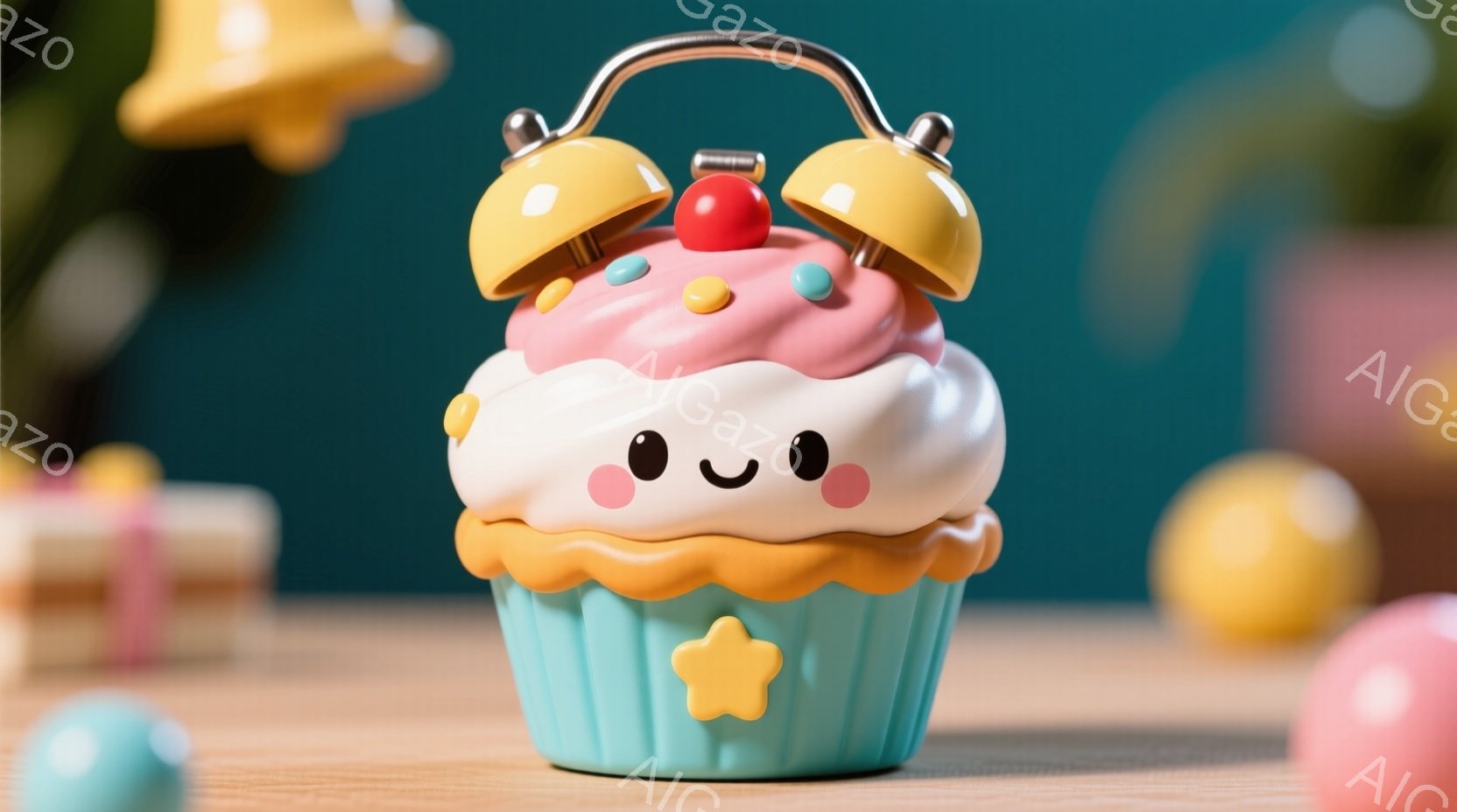 ターコイズ色の紙製のカップケーキ型をした、かわいらしい目と微笑みを浮かべたキャラクターが中央に配置されています。頭には赤いチェリーと金色のベルが飾られており、背景にはパステルカラーの球体や、積み重ねられたギフトボックスが見えます。全体的に明るく、夢のような、遊び心あふれる雰囲気です。
