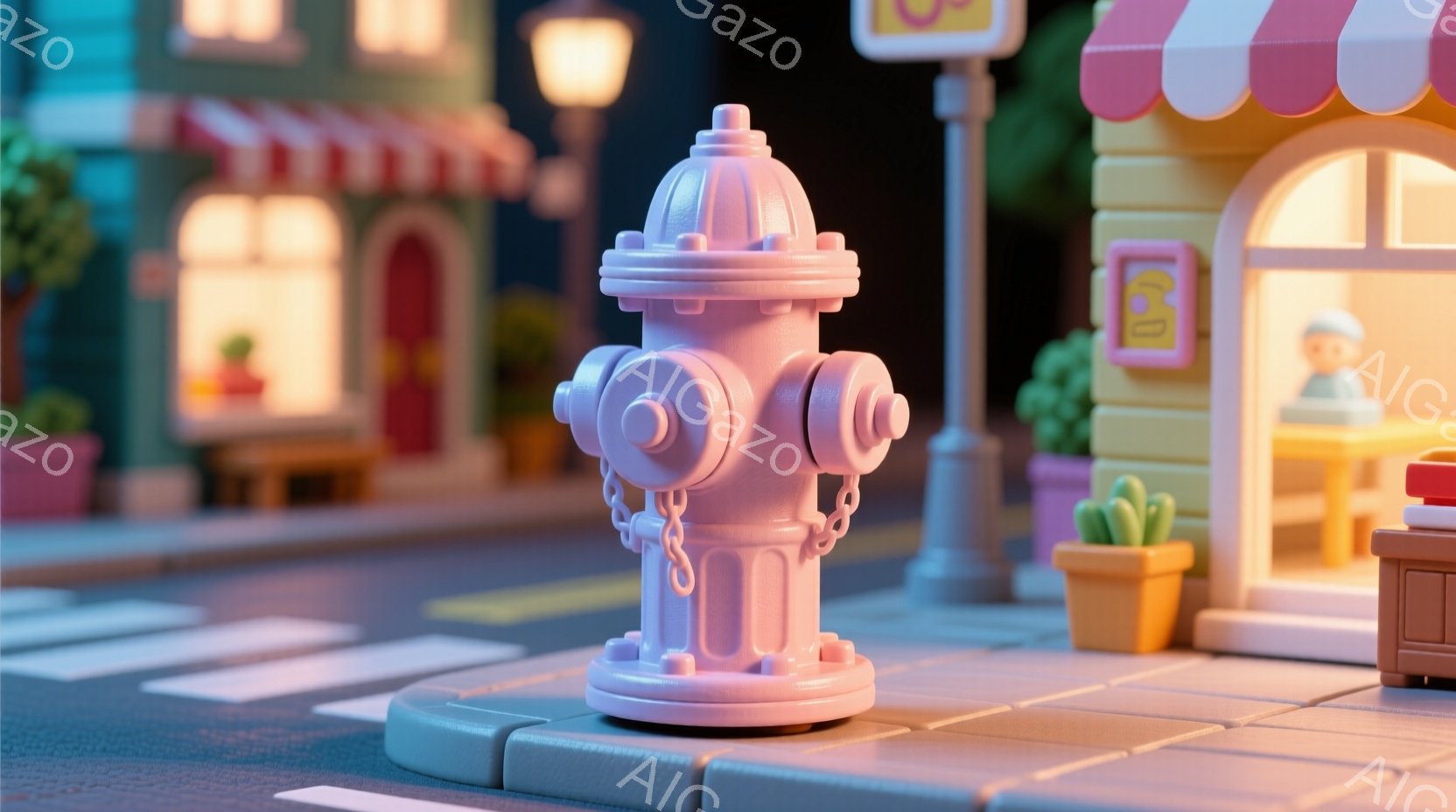 ピンク色の消火栓が、夜の街並みに佇んでいます。背景には、パステルカラーの可愛らしい建物が見え、窓からは暖かな光が漏れ出ています。全体的に丸みを帯びたフォルムと優しい色合いが、どこか懐かしい、温かい雰囲 - AI生成フリー素材