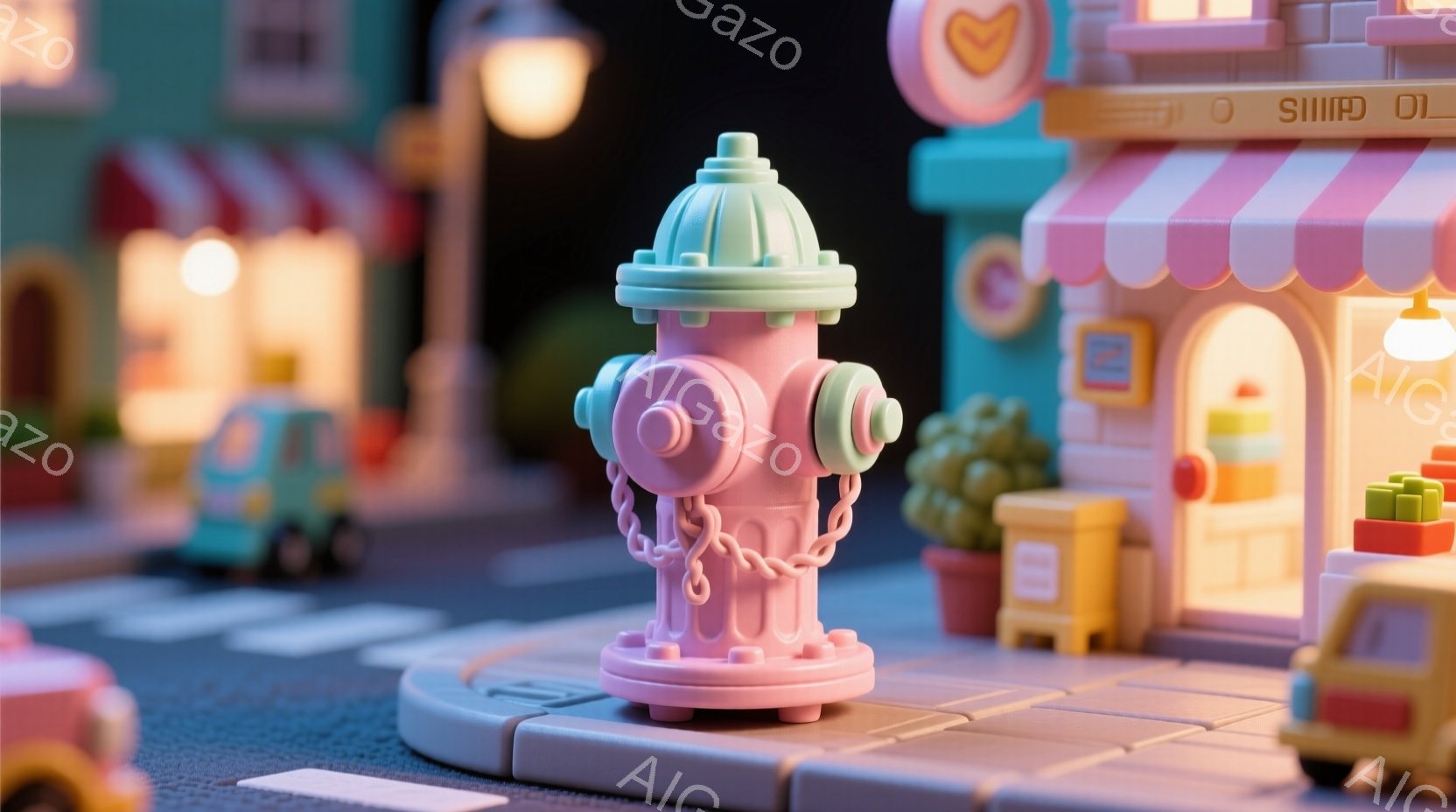 可愛らしいピンク色の消火栓が街の中心に置かれている様子を捉えています。背景には、パステルカラーの建物やお店が並び、レトロな雰囲気を醸し出しています。全体的に明るく暖かく、おとぎ話のような夢のある光景で - AI生成フリー素材