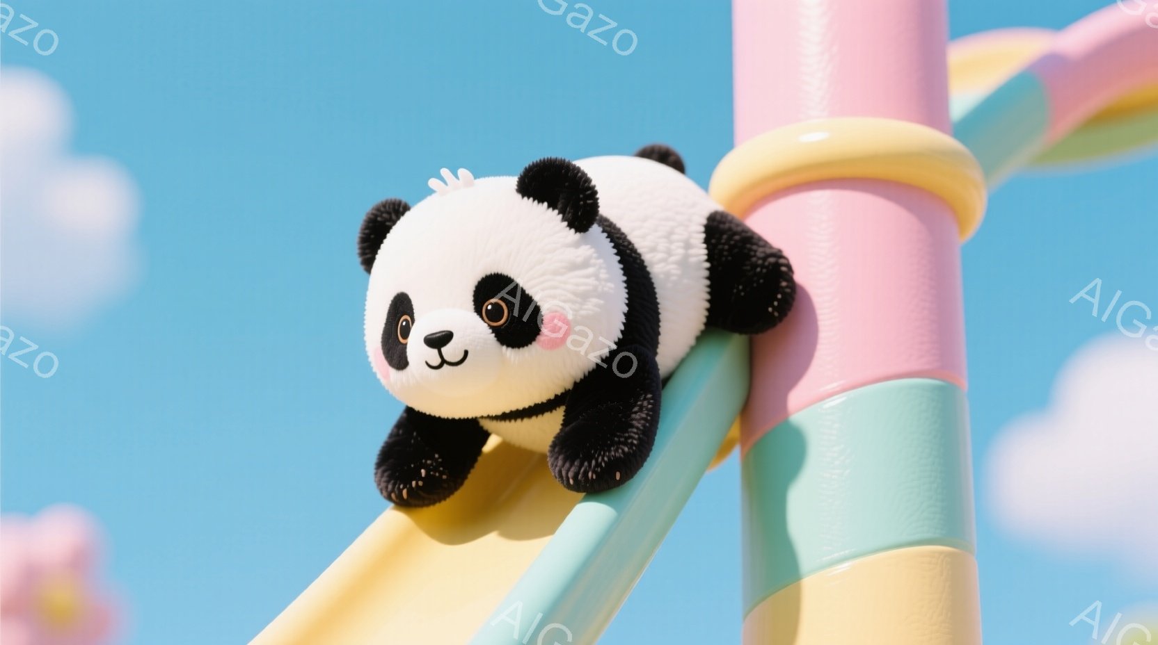 白と黒のパンダが、ピンク、水色、黄色の滑り台を滑り降りている様子が描かれています。パンダは丸みを帯びたフォルムで、つぶらな瞳と小さな鼻で愛らしい表情をしています。背景は明るい青空と雲で、全体的に柔らかく、遊び心に満ちた雰囲気です。
