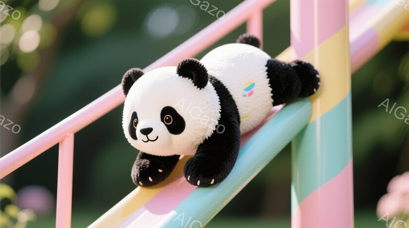 白黒のパンダのぬいぐるみがおもちゃの遊具のレールの上を這っている様子が写っています。パンダは前足を伸ばし、体を水平に保ちながら、少し上目遣いでこちらを見ているようです。背景には緑豊かな自然が広がり、晴 - AI生成フリー素材