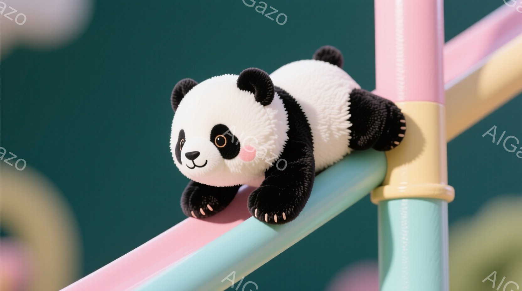 白黒のパンダのぬいぐるみは、薄いピンク、水色、黄色の柱で構成された遊具の上に乗って、まるで綱渡りのように横たわっています。パンダは丸くてふわふわしており、つぶらな瞳とわずかに微笑んだ表情が可愛らしいです。背景は明るい緑色で、遊具全体が子供向けの遊び心あふれる雰囲気を作り出しています。