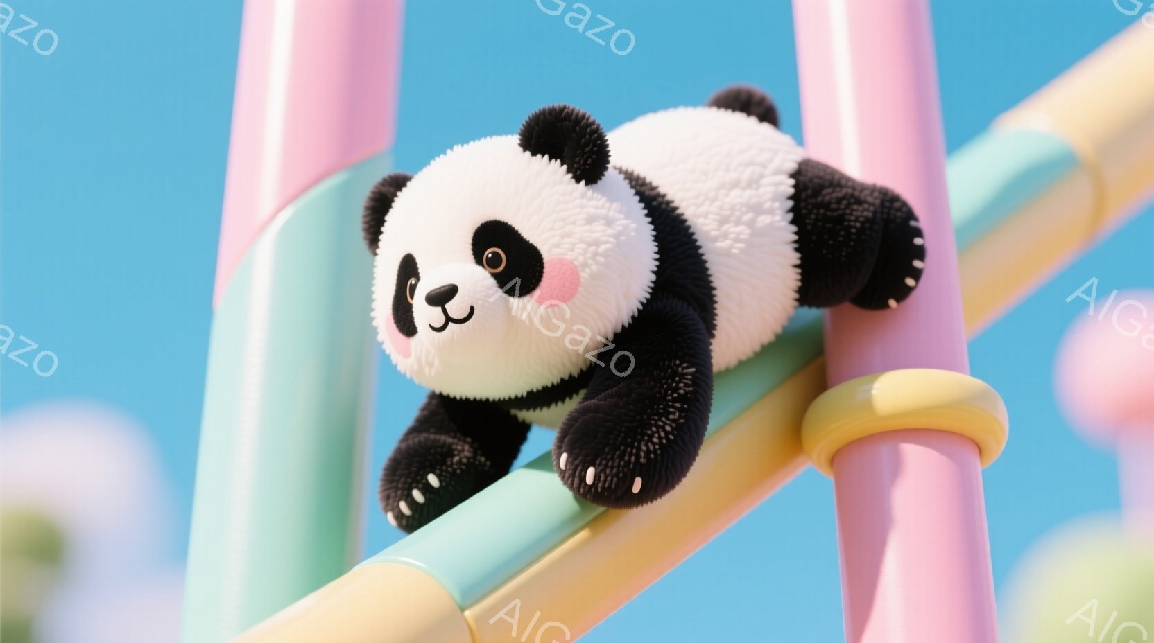 白と黒のパンダが、カラフルなパイプのような構造物に体を預けている。パンダは丸みを帯びた可愛らしい体型で、少し上目遣いをしており、愛らしい表情を見せている。背景は鮮やかな水色の空で、全体的に明るく、遊び心のある雰囲気である。