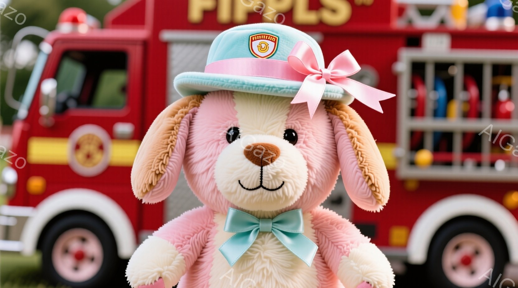 薄いピンク色のふわふわした犬のぬいぐるみは、水色のリボンタイと、"FIPPLE"と書かれたロゴが入ったピンク色の帽子をかぶっています。ぬいぐるみは正面を向き、穏やかな表情で、背景には赤い消防車が見えま - AI生成フリー素材