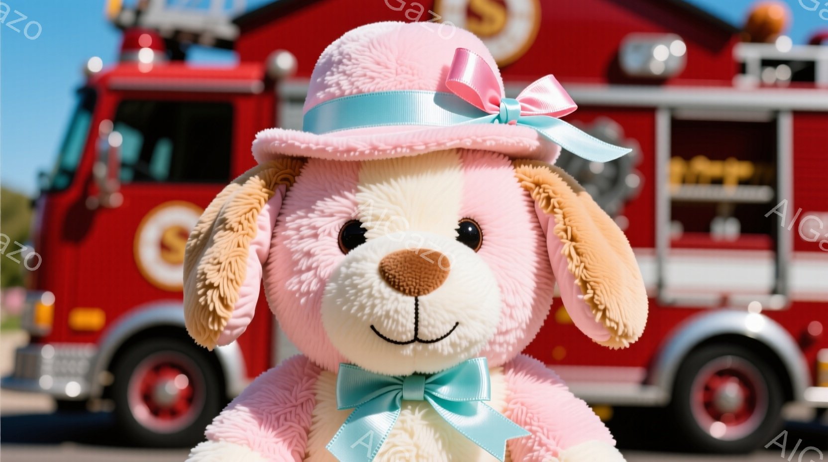 ピンク色のふわふわした犬のぬいぐるみは、淡い水色のリボンが付いたピンクの帽子をかぶっています。ぬいぐるみは正面を向き、穏やかな表情で、背景には赤い消防車がぼやけて見えます。全体的に明るく、遊び心のある - AI生成フリー素材