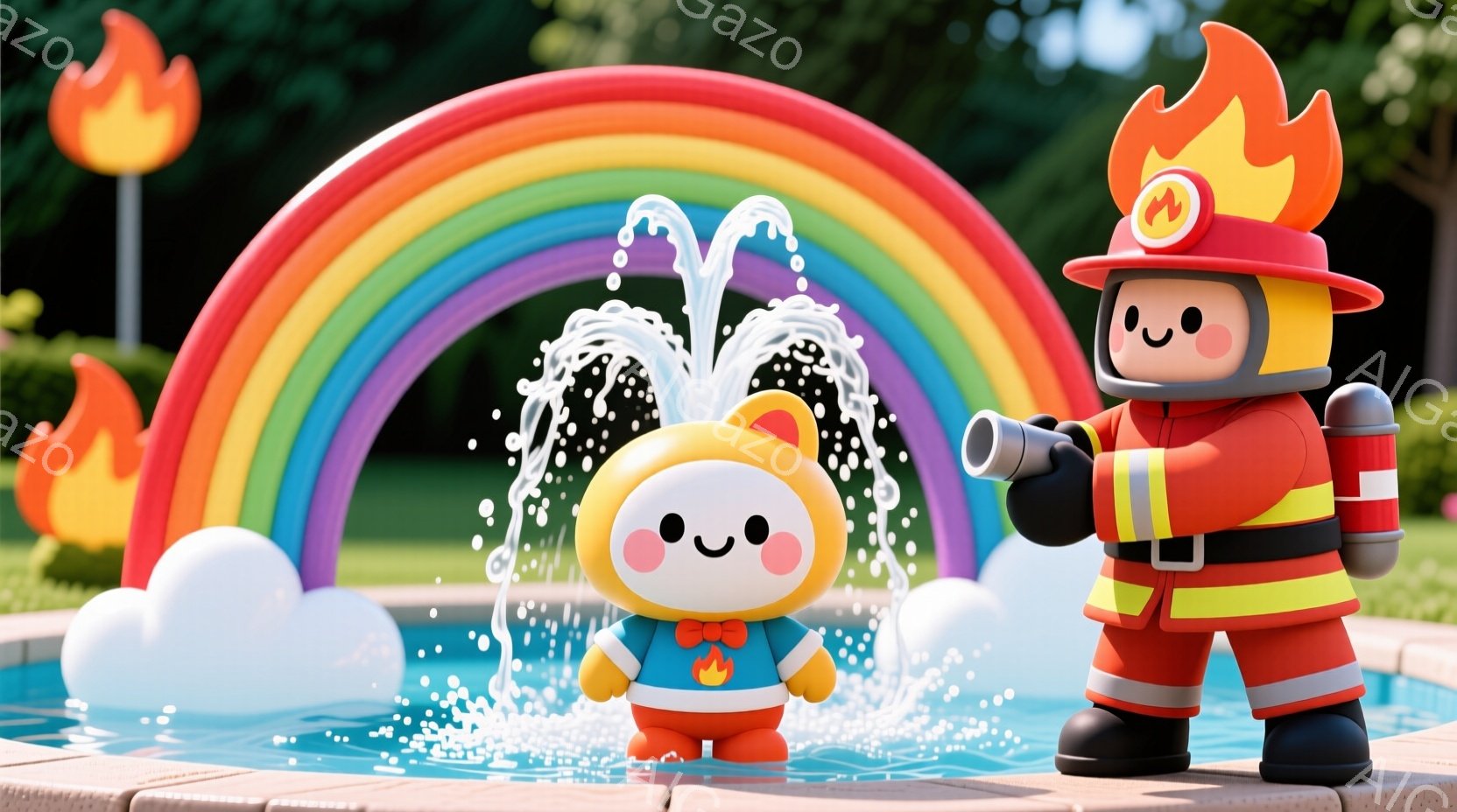 プールサイドで消防士と可愛らしいキャラクターがいます。消防士は赤い制服、黄色い反射材、ヘルメットを着用し、ホースで水を噴射しています。キャラクターは黄色い髪型に赤いリボン、白いシャツに青いズボンを着用し、プールの中で水しぶきを楽しんでいます。