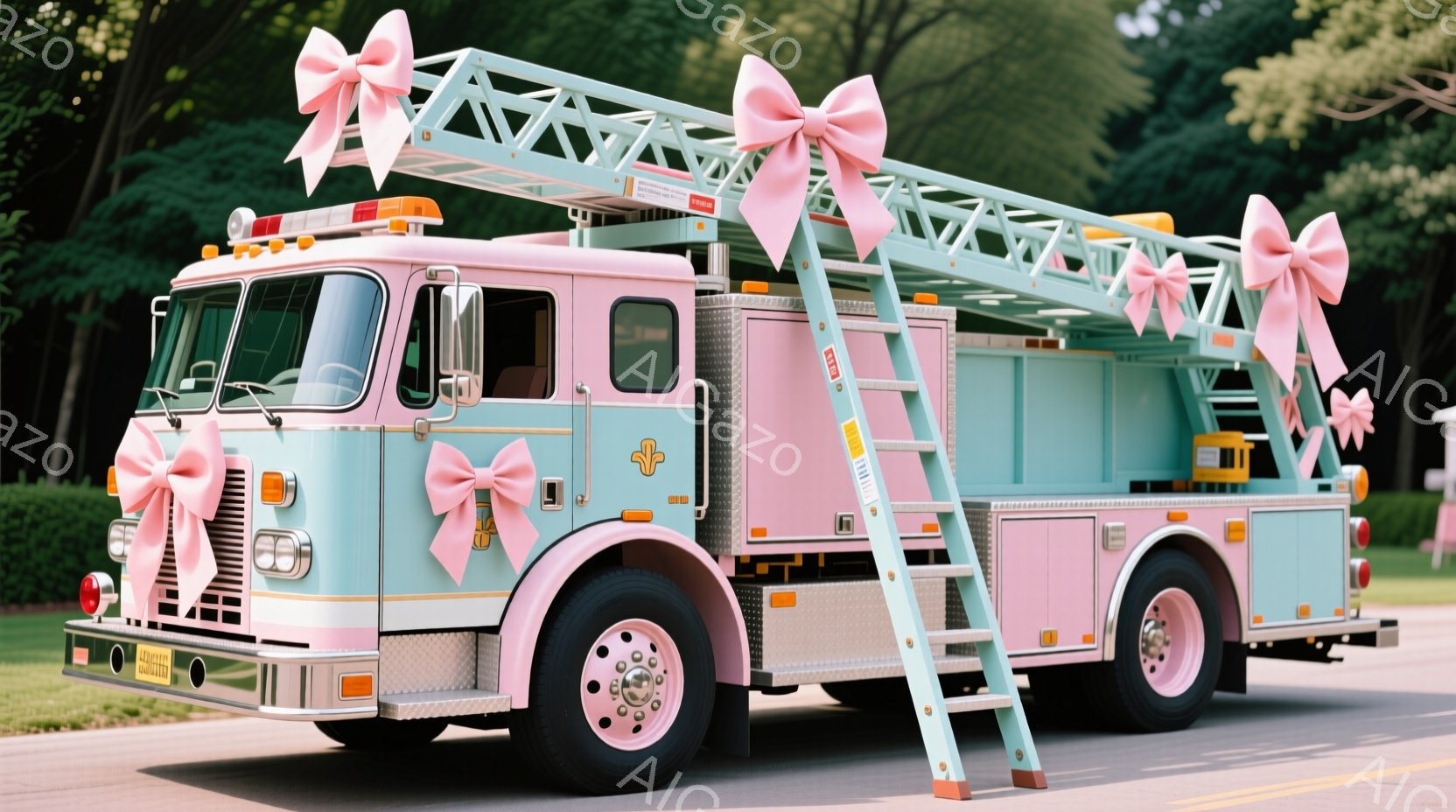 薄いピンクと水色の消防車が、アスファルトの道に駐車されています。車両全体に大きなピンクのリボンが飾られており、まるで特別なイベントのために装飾されたようです。背景には緑豊かな木々が広がり、晴れた日の穏 - AI生成フリー素材