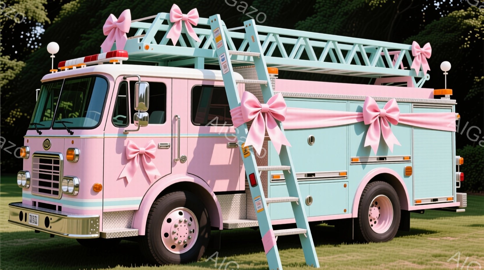 淡いピンクと水色の消防車が緑の芝生の上に駐車されています。車体には大きなピンクのリボンが飾られており、屋根には梯子が付いています。背景には緑豊かな木々が見え、晴れた日の穏やかな雰囲気が漂っています。