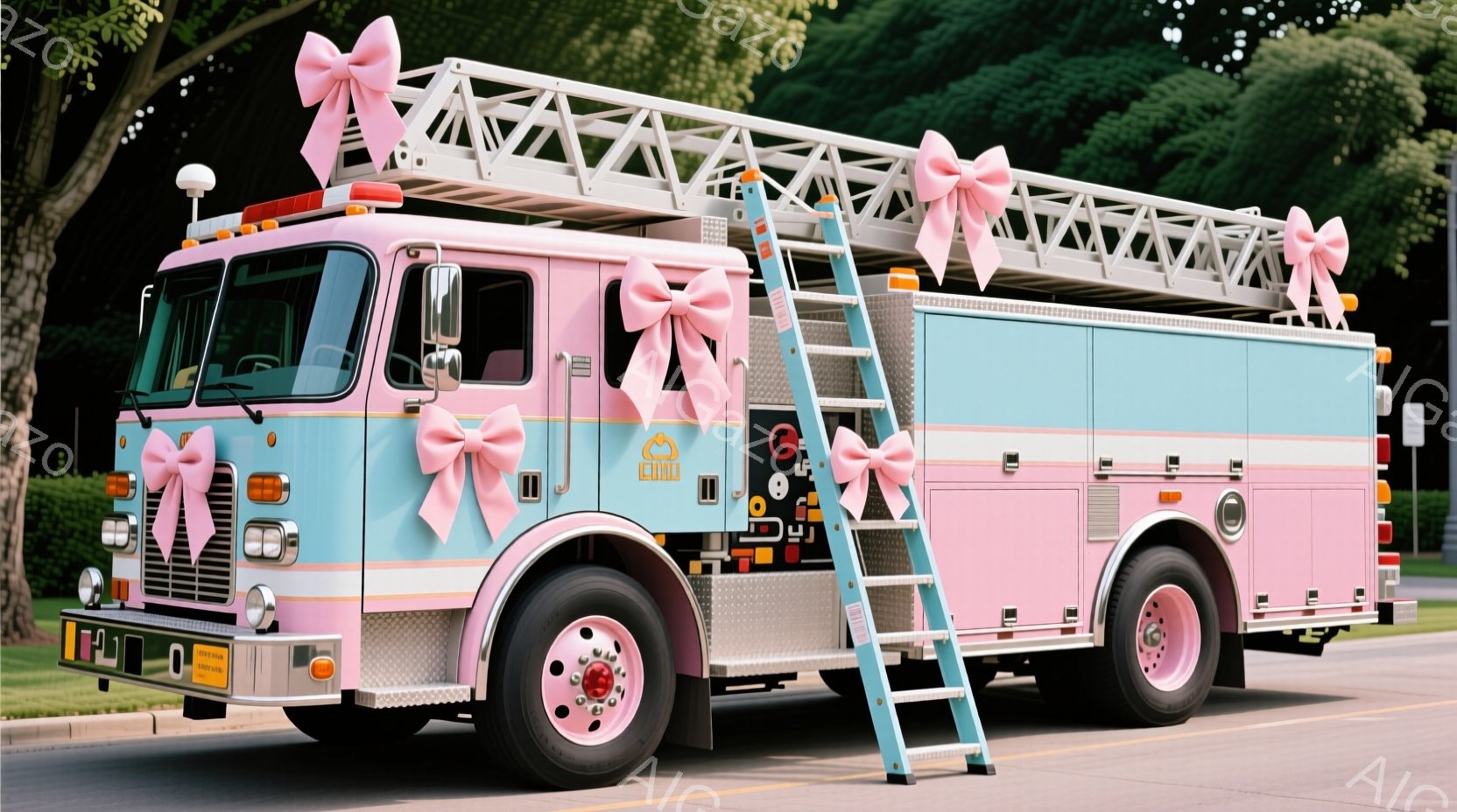 ピンクと水色の消防車が道路に停車しており、車体の上部には大きなピンクのリボンが複数取り付けられています。背景には緑豊かな木々と住宅が見え、晴天の下、穏やかな雰囲気です。この消防車は、何らかのお祝いやイ - AI生成フリー素材