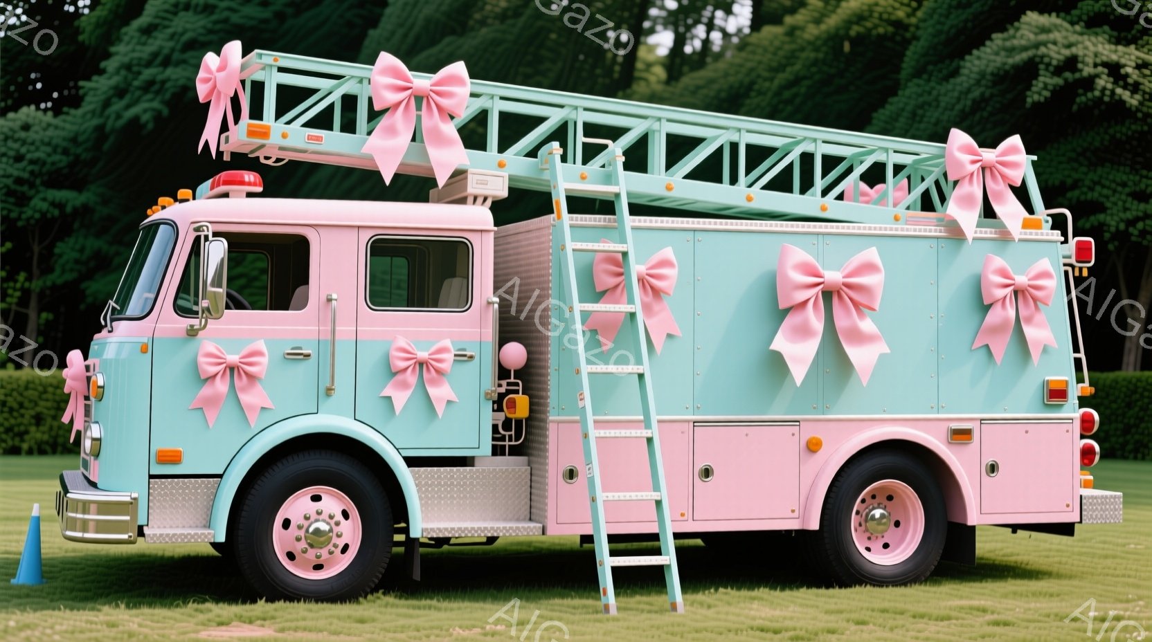 ターコイズブルーとピンクの消防車が緑豊かな芝生の上に停まっています。車体には大きなピンクのリボンが数か所に取り付けられており、装飾的な雰囲気を醸し出しています。背景には緑の生垣が見え、晴天の下、イベントや記念撮影のために用意された様子が伺えます。