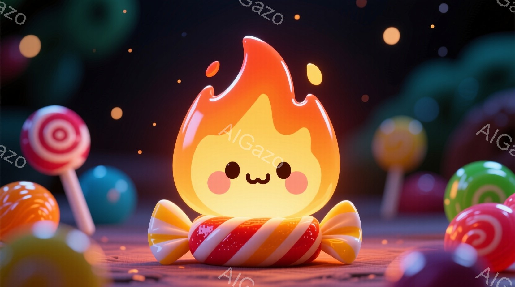 暖かく輝く炎のようなキャラクターが、赤と白の縞模様のキャンディを抱きかかえています。その表情は可愛らしく、丸い黒い瞳が印象的です。背景には、様々な色のキャンディが散りばめられており、楽しげで夢幻的な雰囲気を醸し出しています。
