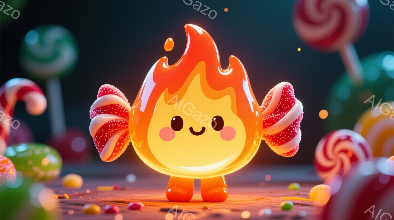 暖かく光る、キャンディのようなキャラクターが中央に立っており、鮮やかなオレンジ色で、頭部は炎のような形をしています。両腕には、赤と白の渦巻き模様のキャンディがついており、愛らしい笑顔を浮かべています。 - AI生成フリー素材