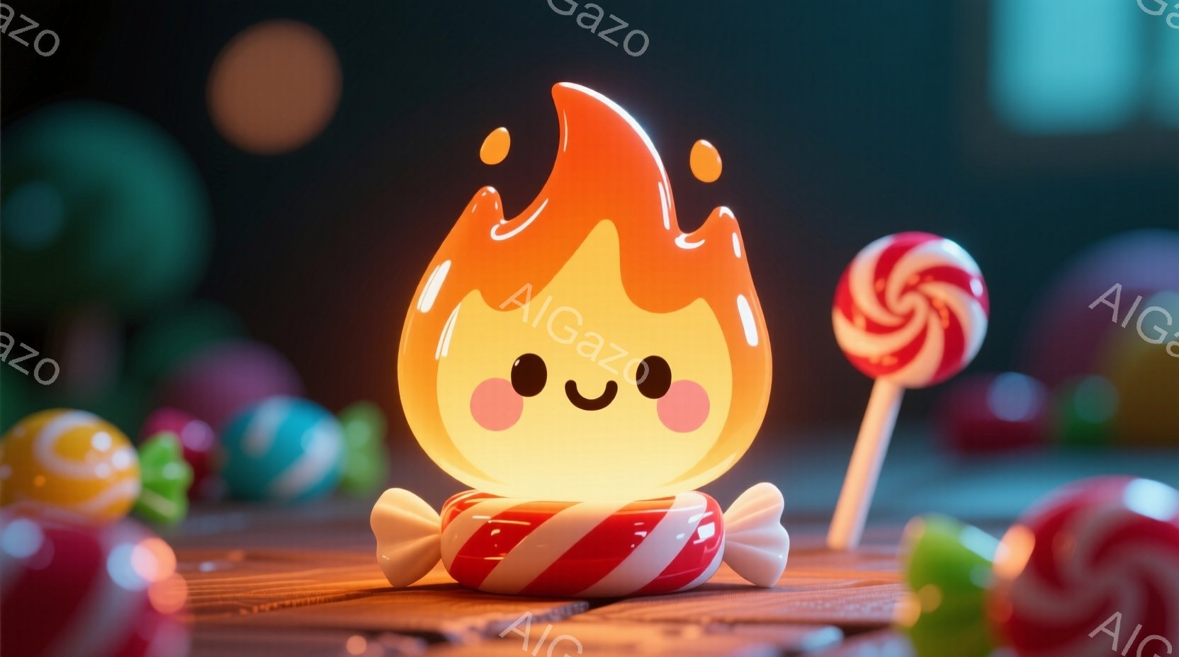 暖かく光るキャンディのようなキャラクターが、赤い縞模様のキャンディの上に座っています。そのキャラクターは丸みを帯びたオレンジ色の体をしており、笑顔で可愛らしい表情をしています。背景には様々な色のキャン - AI生成フリー素材