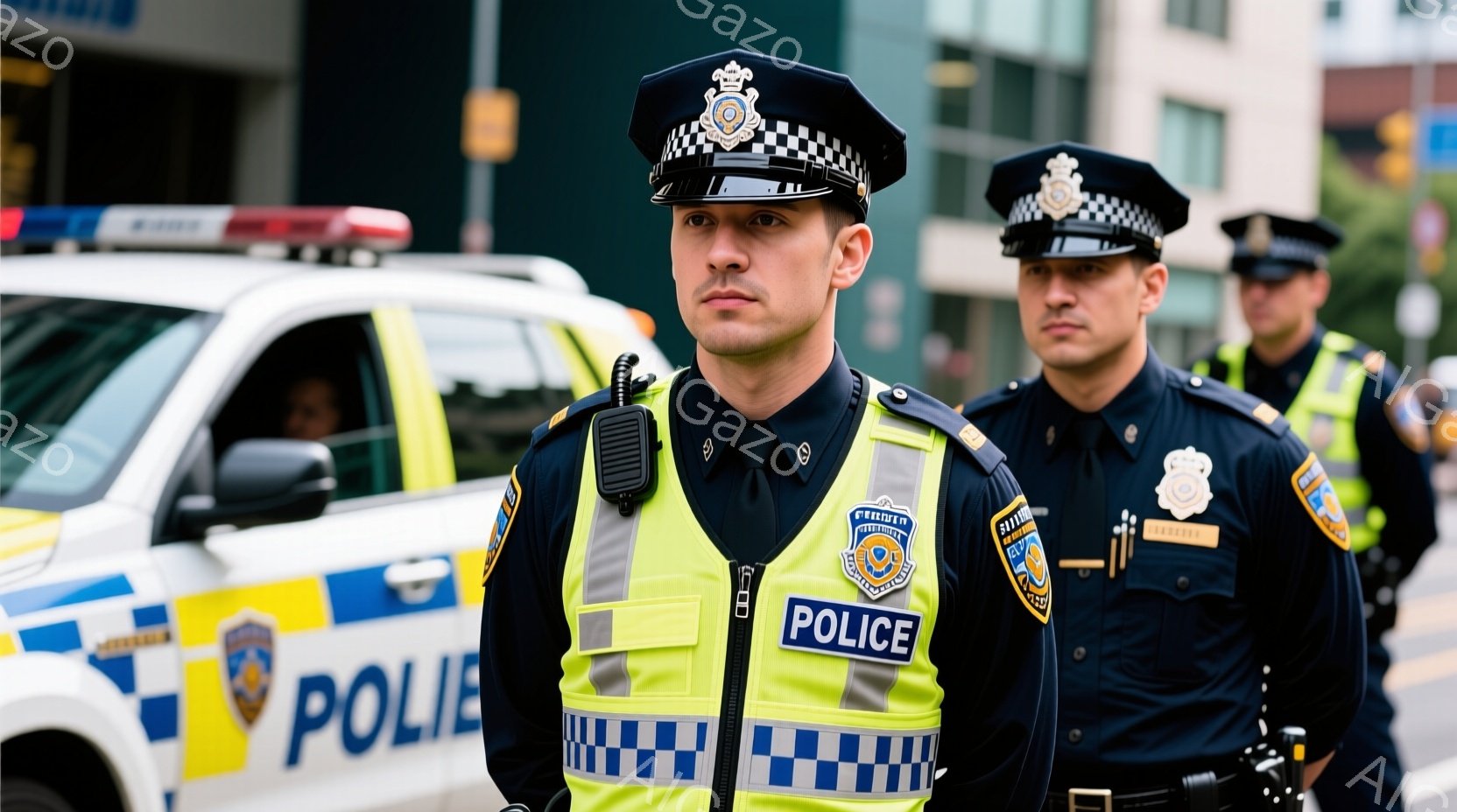 制服を着た警察官が二人、道路に立っている。手前の警察官は、ハイビズのベストと黒いシャツ、帽子を着用しており、真剣な表情で正面を見ている。背景には、建物や車両が見え、晴天で明るい日中であることがわかる。