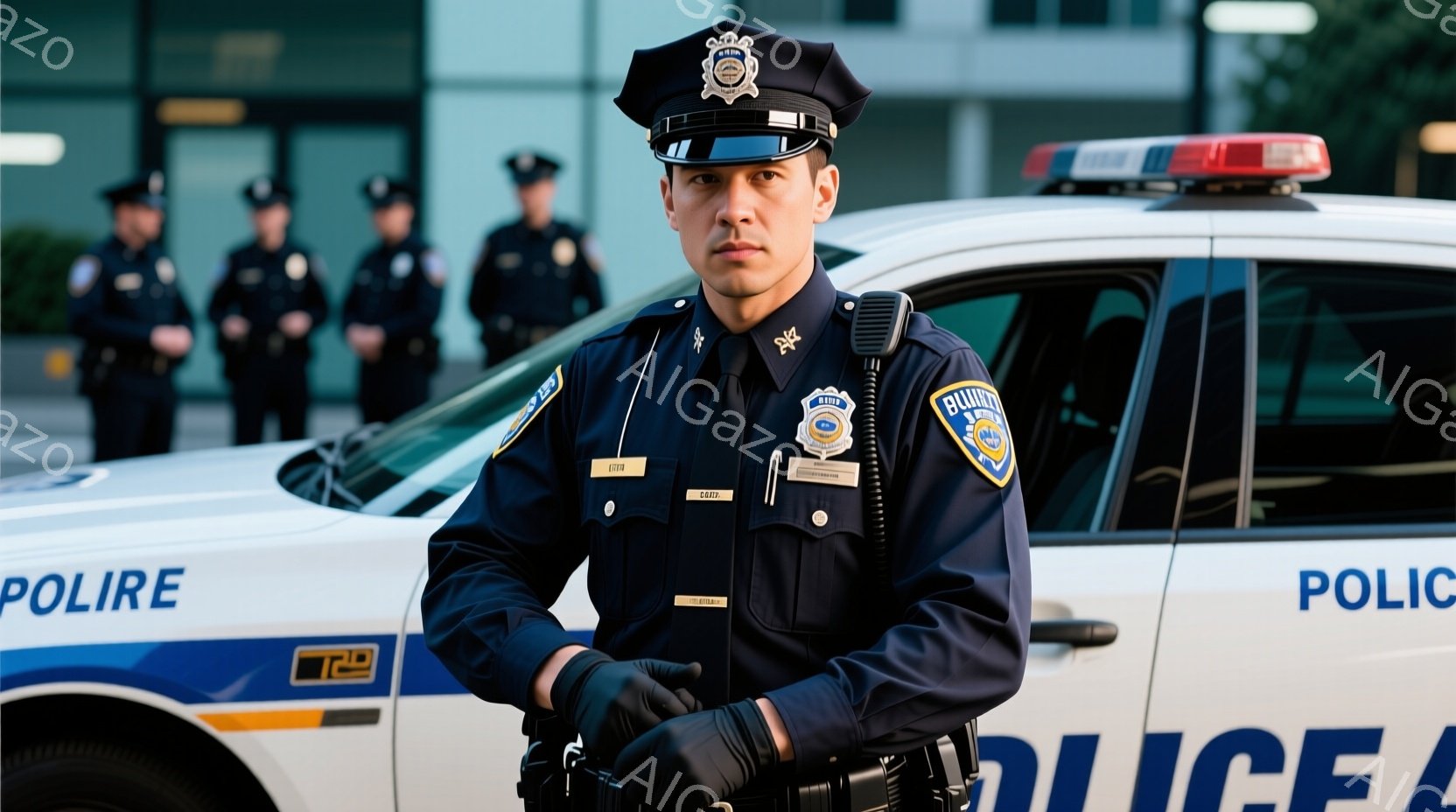警察官が紺色の制服を着て、黒い手袋を片手に当てています。彼は整髪された短い髪で、真剣な表情をしています。背景には、他の警察官や警察車両があり、近代的な建物が見え、晴天の下、警戒感とプロフェッショナルな雰囲気が漂っています。