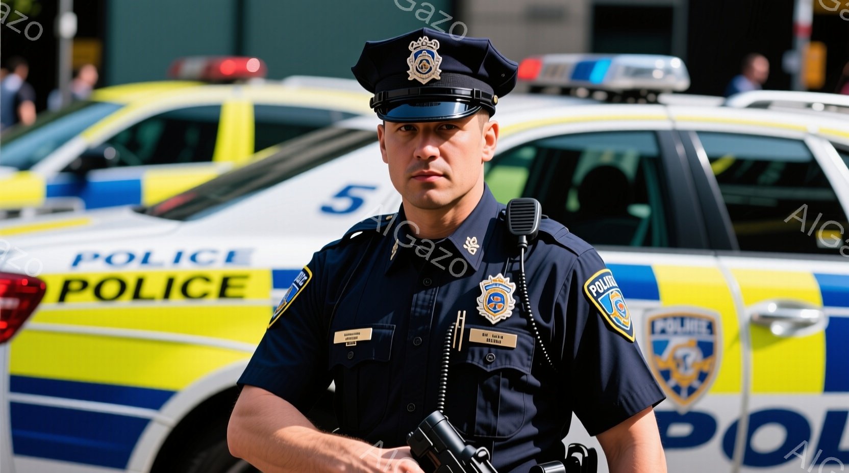 制服を着た警官が正面を向いて立っている。彼は濃い眉と短く刈り込まれた髪を持ち、厳しい表情をしている。背景には、警察車両とぼやけた人々が見え、晴れた日の都市部であることを示唆している。