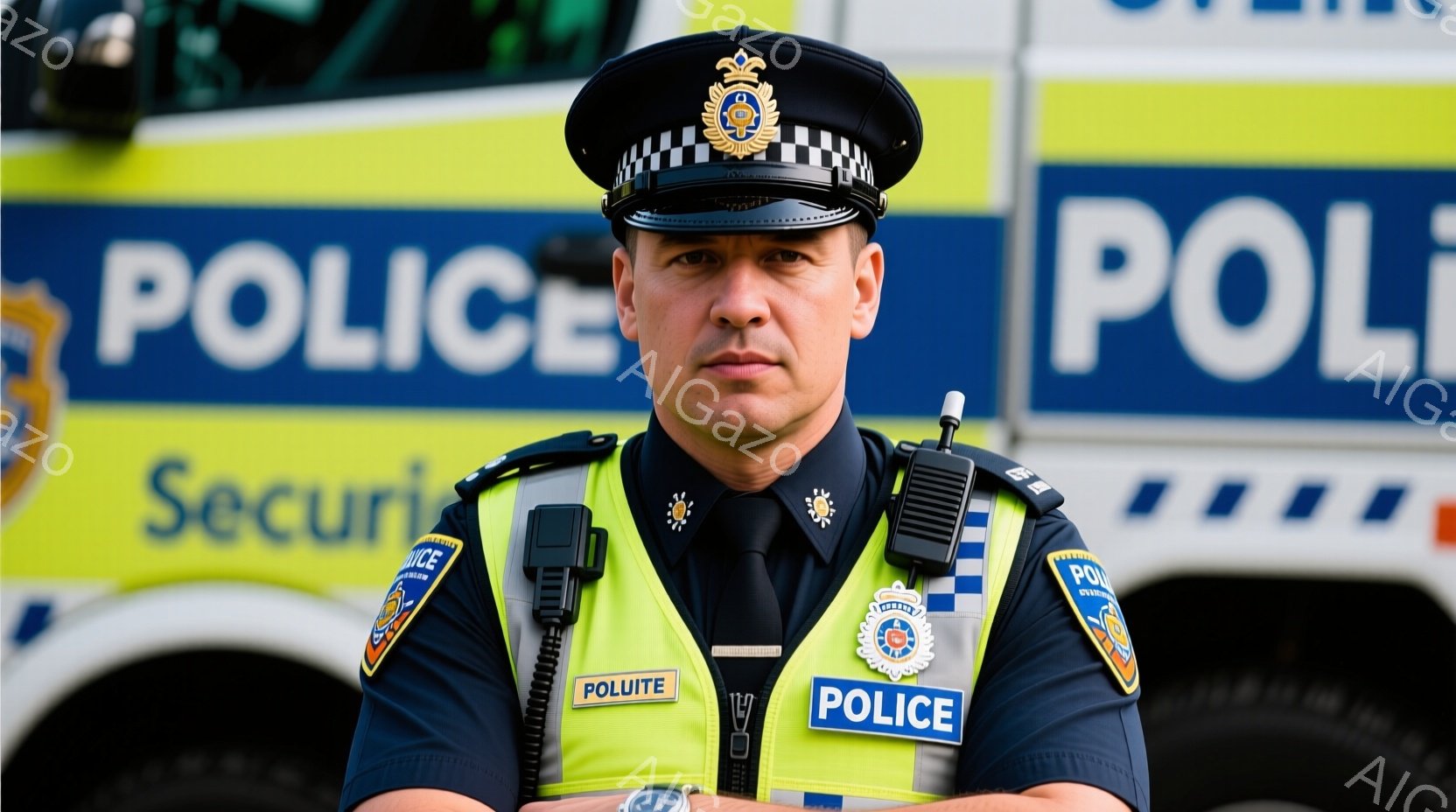 制服姿の男性警察官が正面を向いています。彼は黒い制帽を被り、反射ベストを着用し、胸には警察の徽章が輝いています。背景には、黄色と青の警察車両の一部が見え、全体として厳格で信頼感のある雰囲気を醸し出しています。