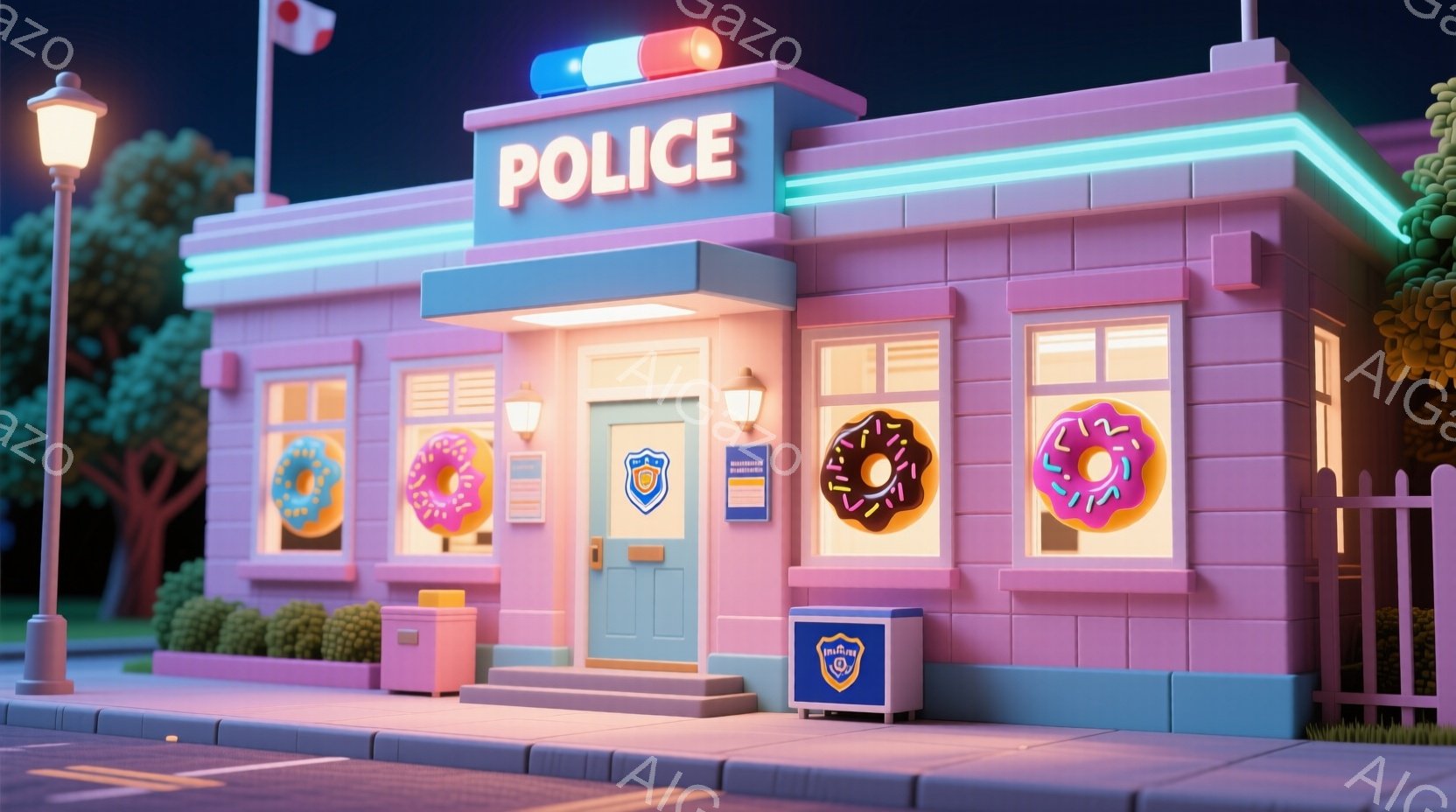 明るいピンク色の警察署が夜に照らされています。窓にはドーナツが飾られ、入り口には警察の紋章があります。背景には緑豊かな木々と街灯があり、全体的に遊び心のある、ユーモラスな雰囲気を醸し出しています。