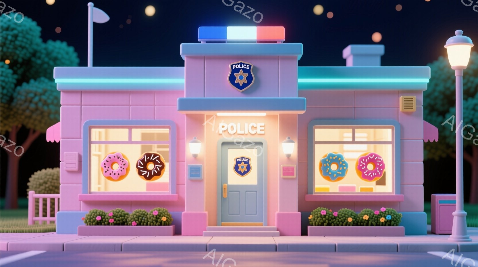 明るいピンク色の警察署が、夜の暗い背景に浮かび上がっています。建物の窓枠にはドーナツが飾られ、正面には警察の紋章が輝いています。周囲には緑の芝生と花壇があり、全体的に可愛らしく、遊び心のある雰囲気です。