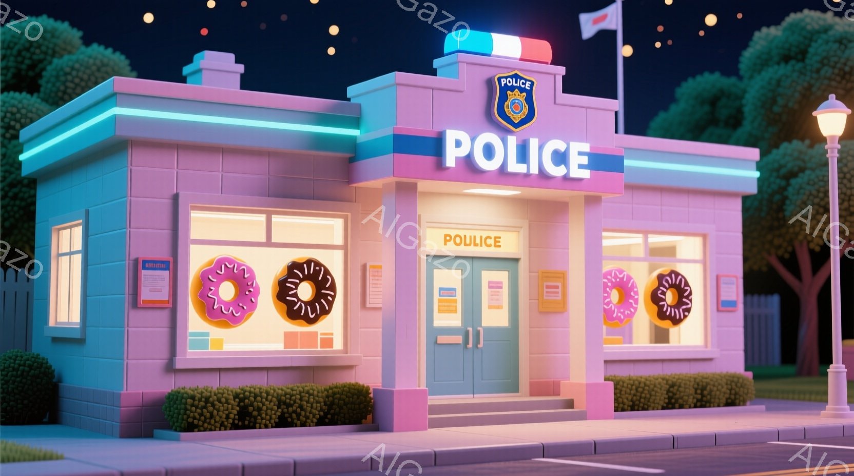 鮮やかなピンク色の警察署が、夜の街並みに佇んでいます。窓にはドーナツのイラストが描かれ、入り口の上には「POLICE」と書かれた看板が光っています。背景には緑の茂みと街灯があり、全体的に明るくポップな雰囲気を醸し出しています。