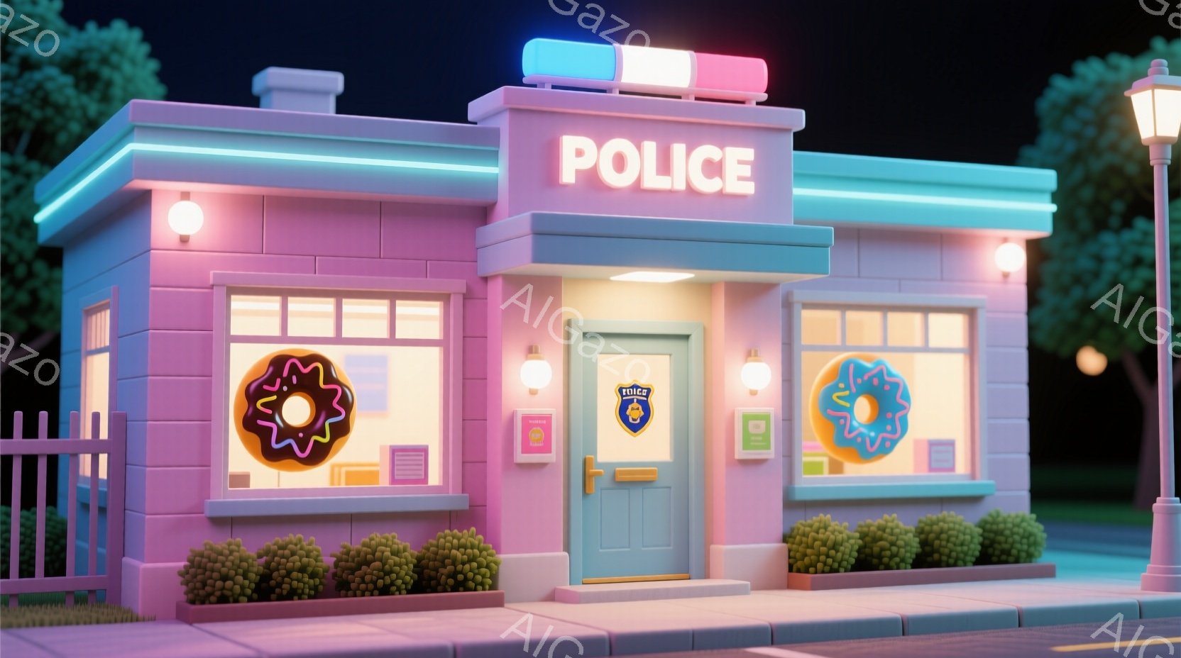 明るいピンク色の警察署が夜に照らされています。窓にはドーナツが飾られており、建物の正面には警察の紋章があります。背景には緑の茂みや街灯があり、全体的に夢のような、遊び心のある雰囲気が漂っています。